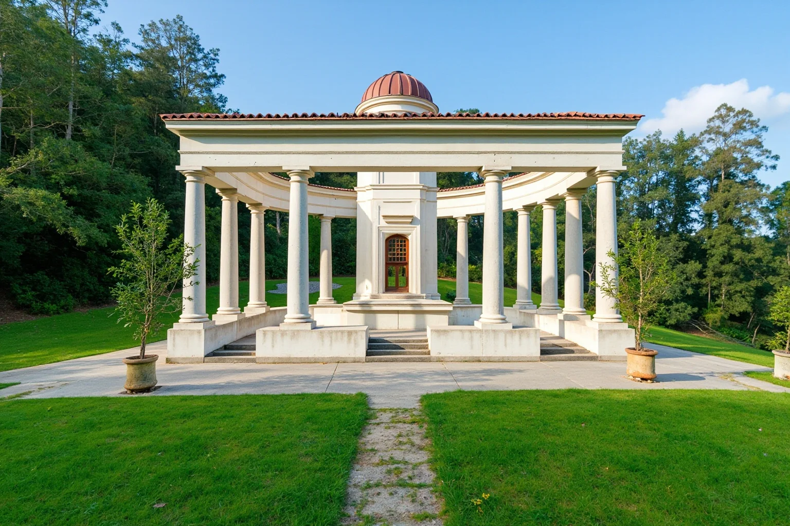A symmetrical square villa with a central dome and classical portico columns on all four sides in a green landscape