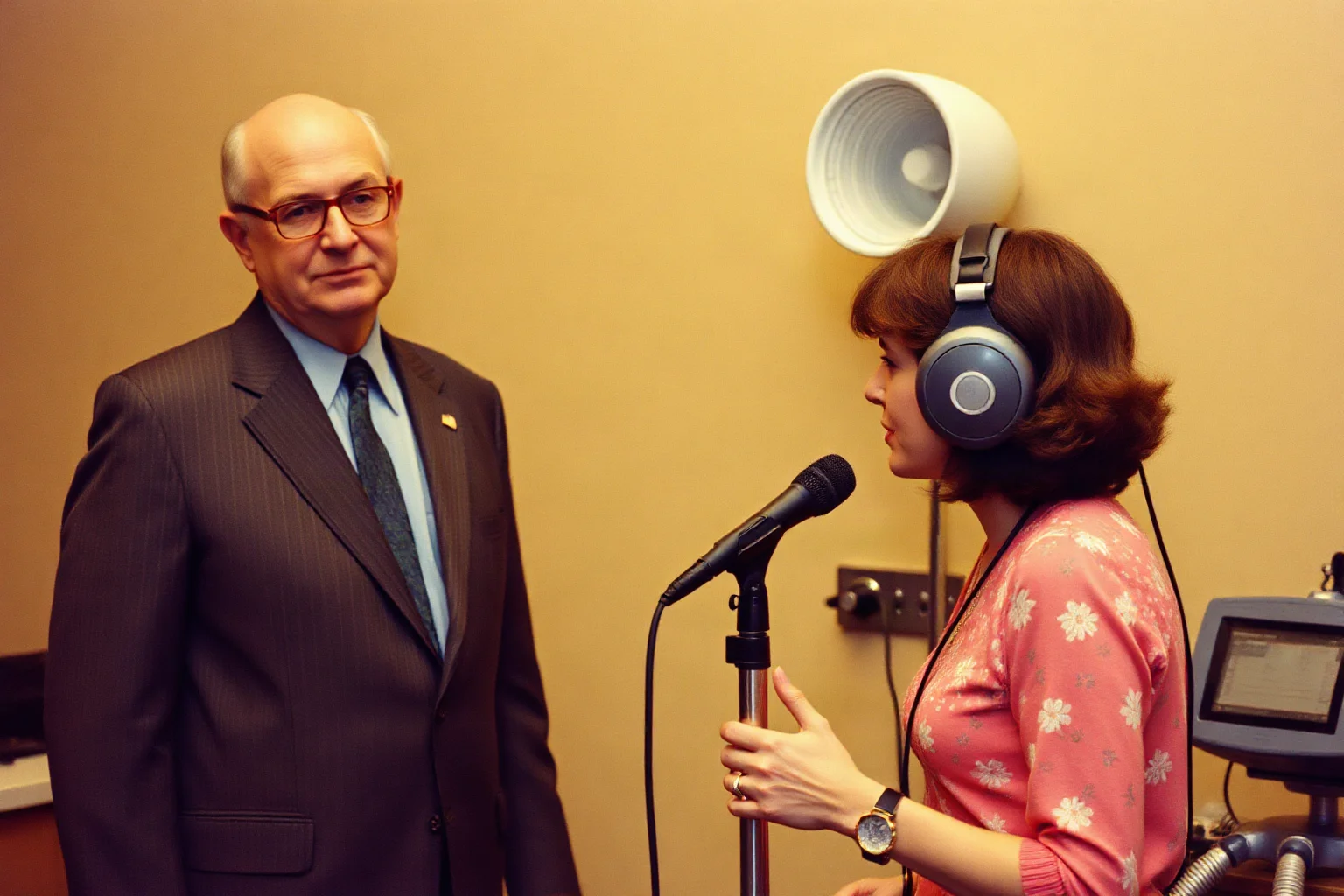 A tall American woman from the 1970s-1980s with medical monitoring equipment, speaking publicly about gigantism