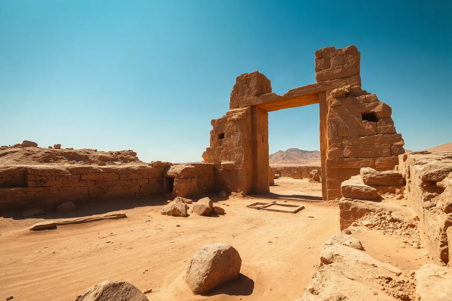 A tall ancient stone tower ruin partially excavated within a sun-baked archaeological dig near a desert oasis