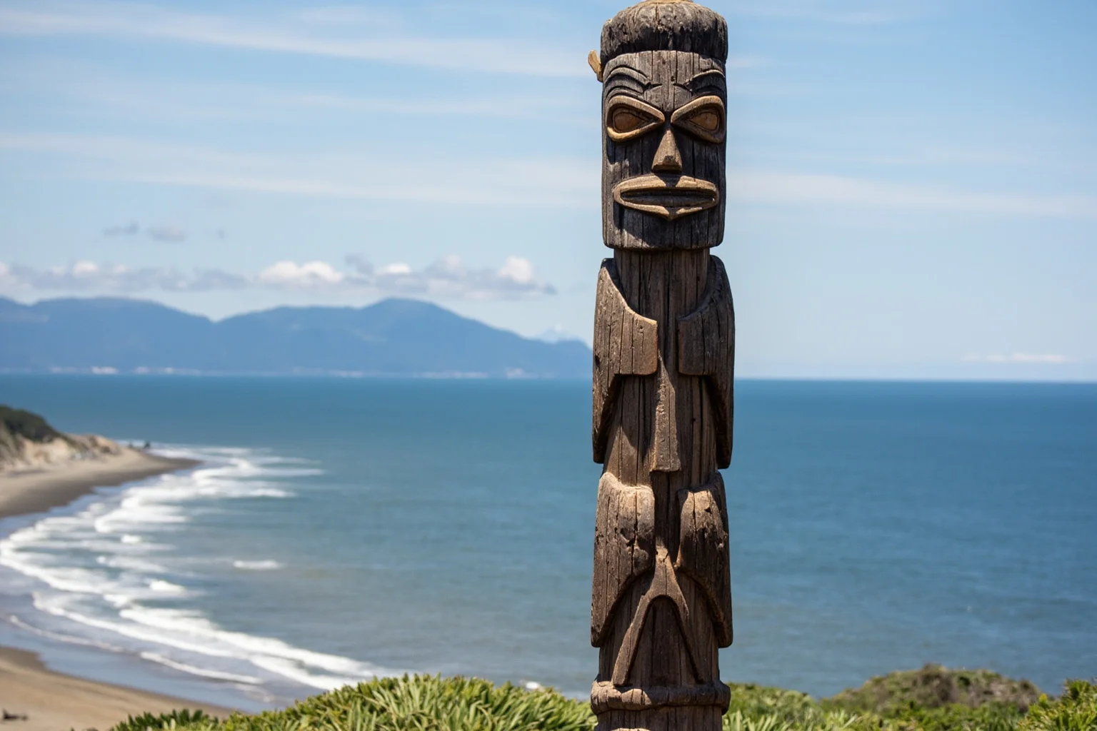 A tall carved wooden totem pole on the Pacific coastline with mountains in the background
