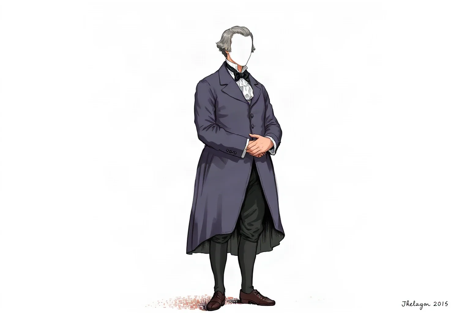 A tall, composed 18th-century gentleman in formal colonial attire standing with hands clasped, generic historical illustration, face obscured
