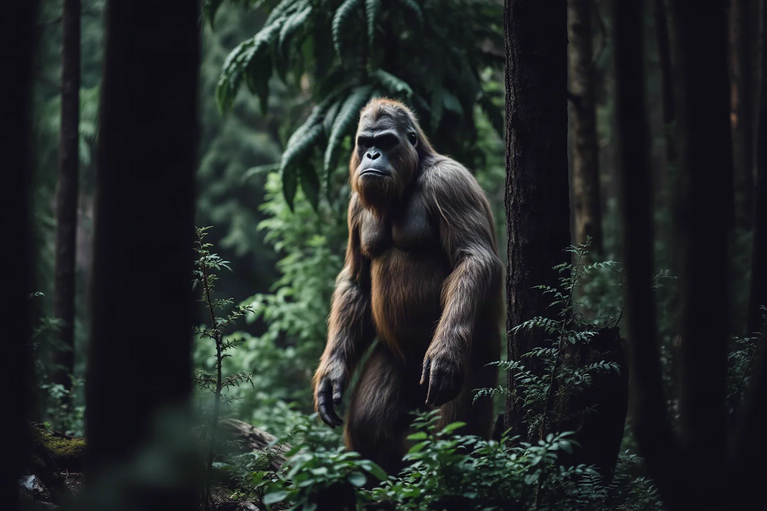 A tall hairy Bigfoot figure standing among dense Pacific Northwest forest trees