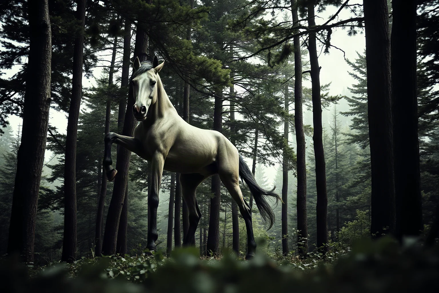 A tall humanoid figure with a horse's head and legs standing among dense forest trees