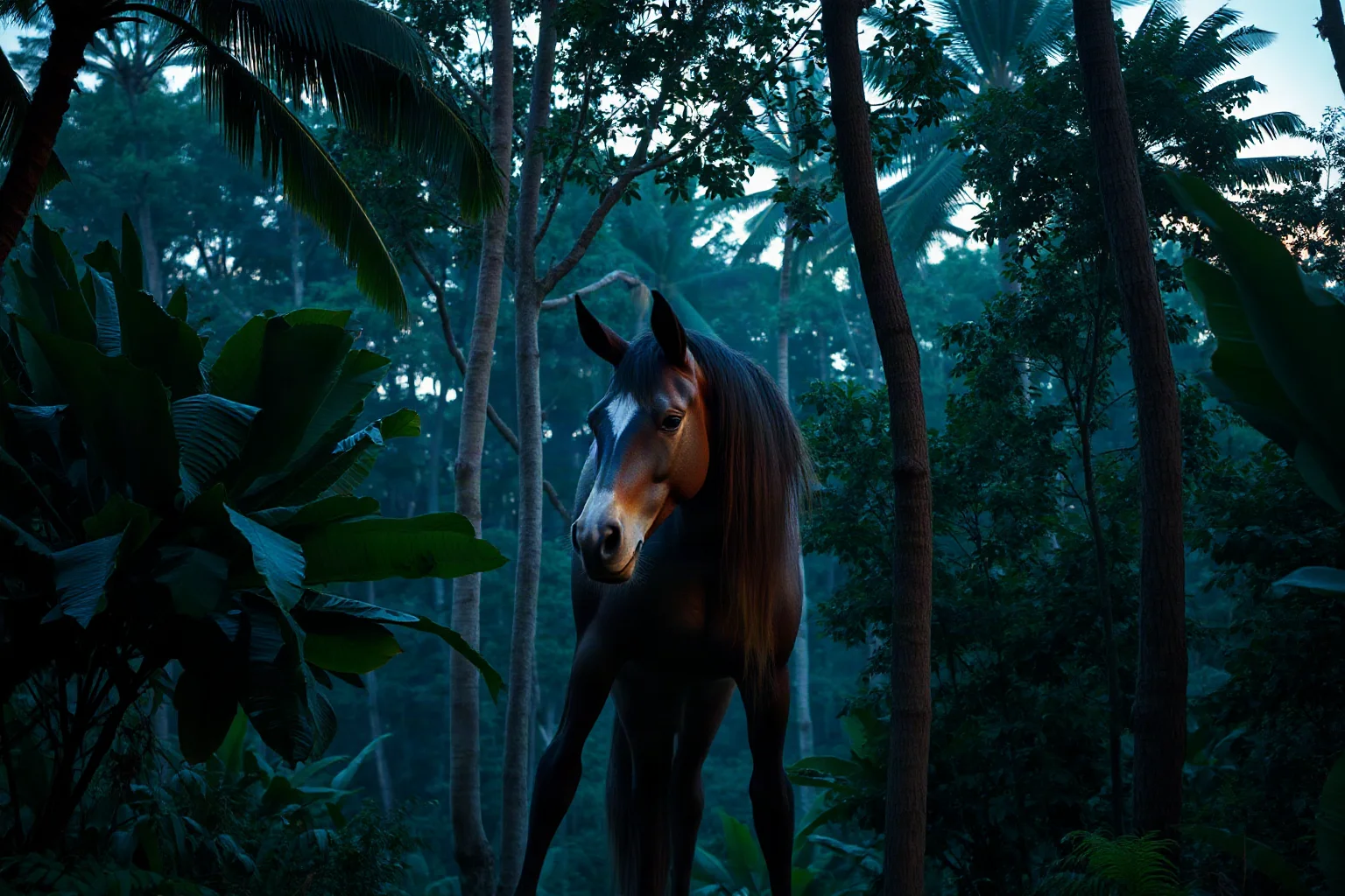 A tall lanky horse-headed humanoid creature standing among dense Philippine jungle trees at dusk