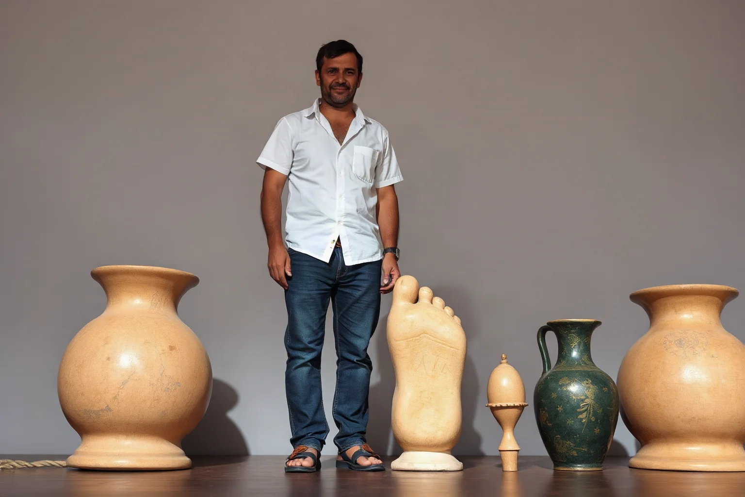 A tall man from Morocco with notably large feet standing next to ordinary-sized objects for scale