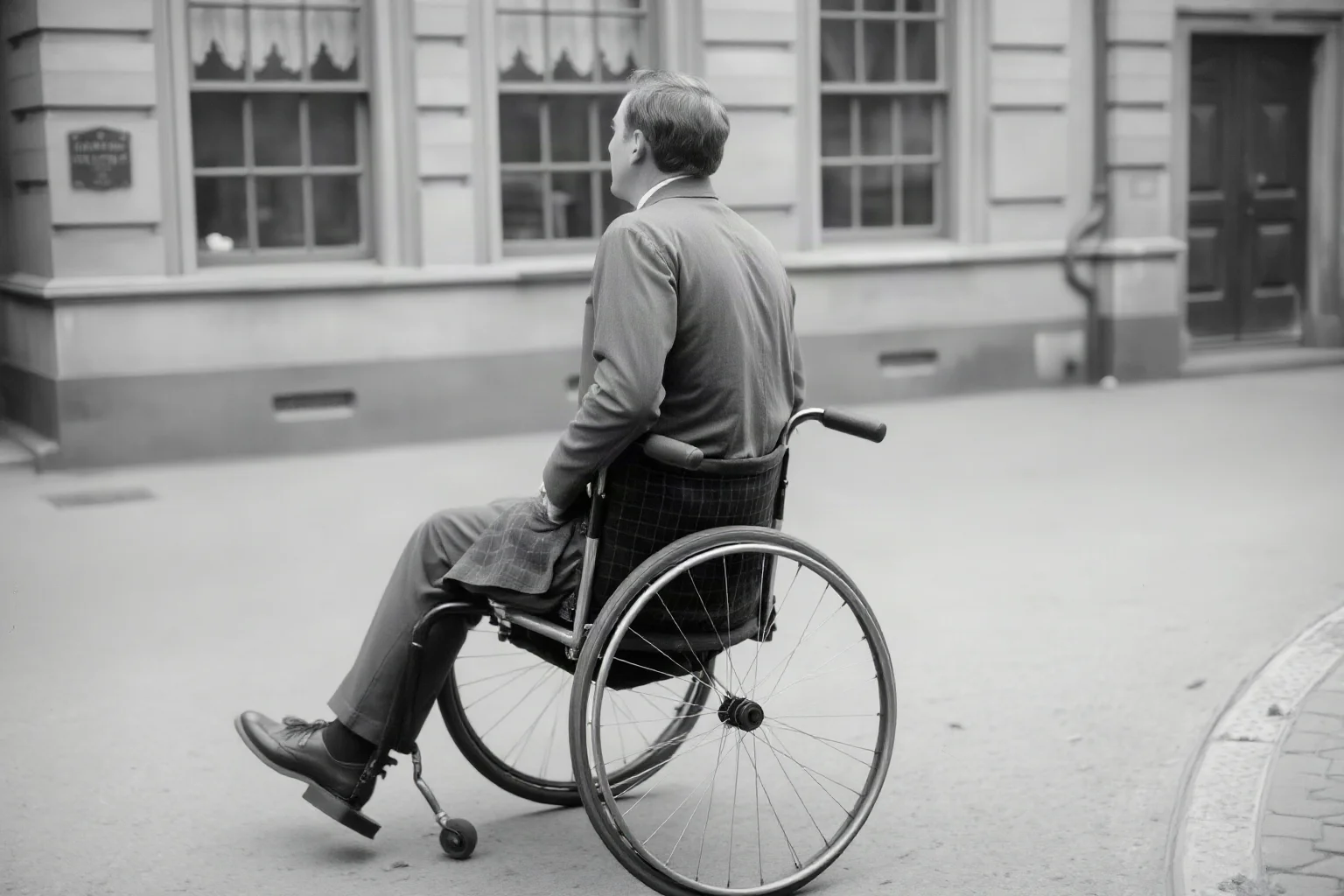 A tall man in a wheelchair with spinal curvature, early 1900s setting, showing mobility challenges