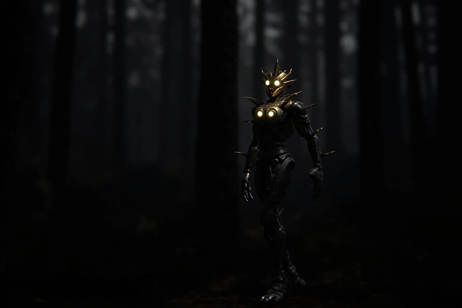 Famous Cryptids: 10 You Know and 16 Wild Ones You Probably Don't 14 A tall metallic-looking humanoid figure with glowing eyes standing in a dark forest clearing