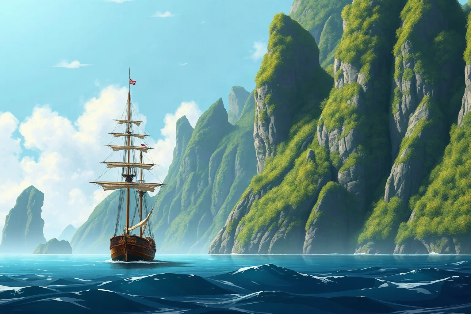A tall sailing ship anchored near lush green Pacific island cliffs, illustrated historical style