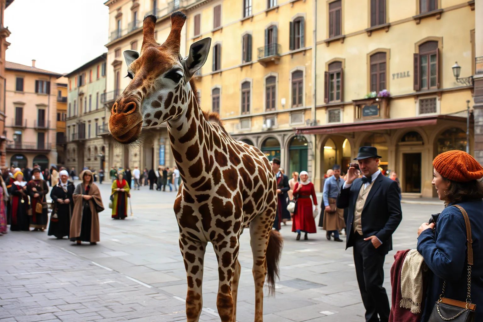 A tall spotted giraffe standing in a Renaissance Italian city square surrounded by amazed townspeople in period clothing