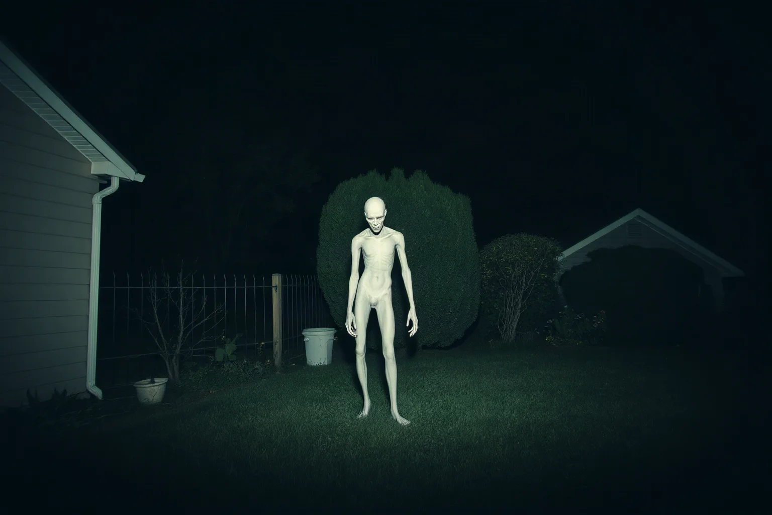 A tall thin pale humanoid figure lurking at the edge of a dark suburban backyard at night