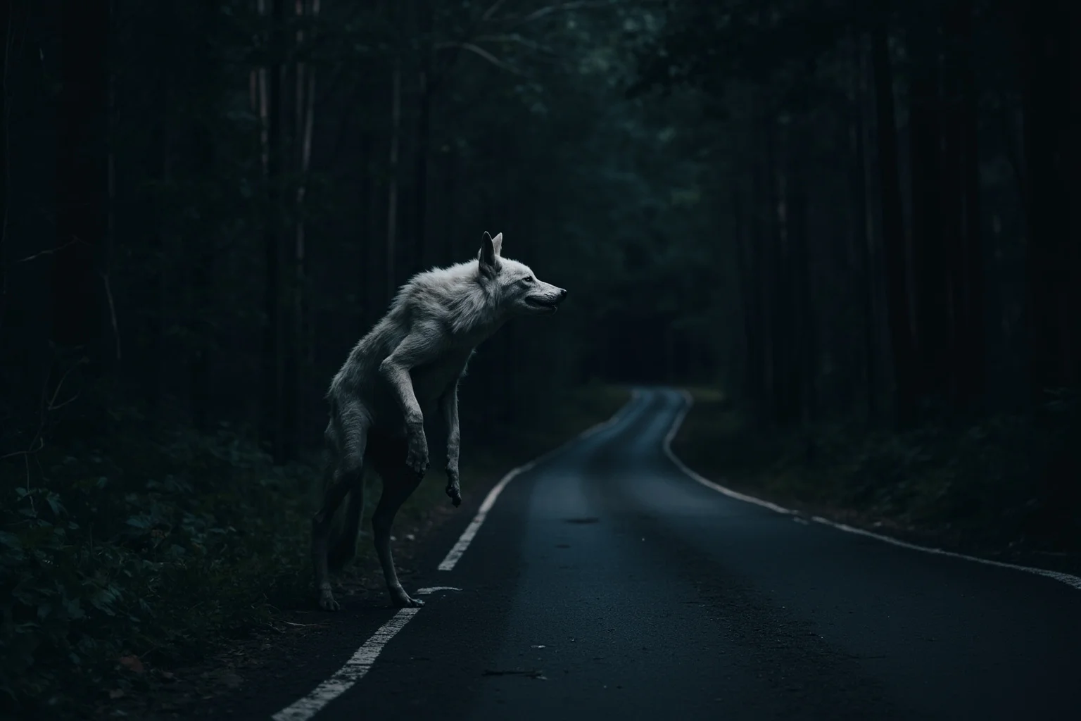 Famous Cryptids: 10 You Know and 16 Wild Ones You Probably Don't 10 A tall wolf-like creature standing upright on two legs at the edge of a dark forest road