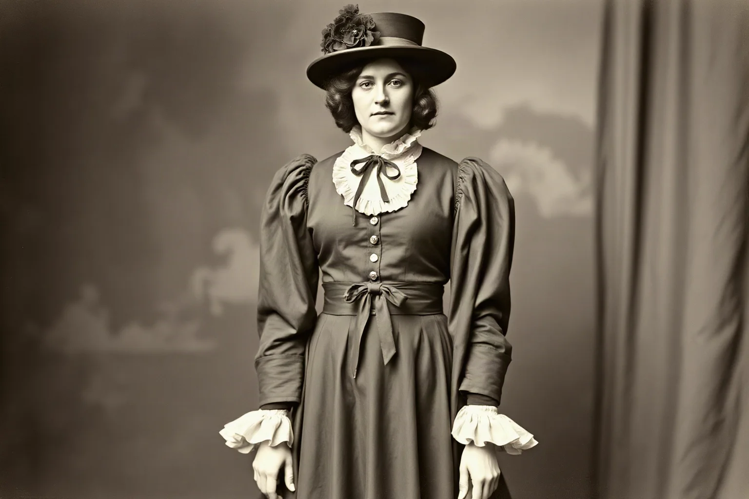 A tall woman in 1870s-1880s circus performer attire, billed as a giantess