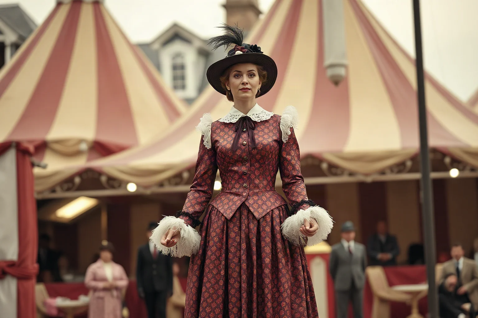 A tall woman in Victorian-era performance costume touring with 19th century circus shows