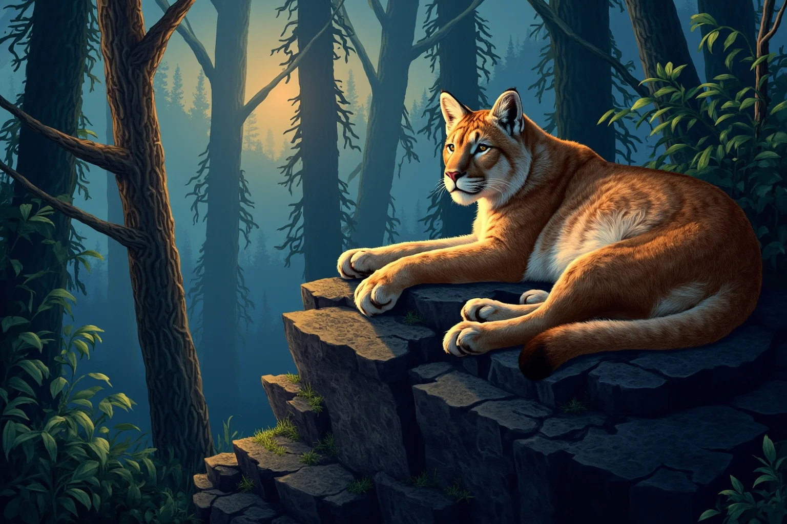 Recently Extinct Animals: A Complete List From the Last 10–20 Years 8 A tan mountain lion resting on a rocky outcrop in an eastern forest at dusk, illustrative wildlife art style
