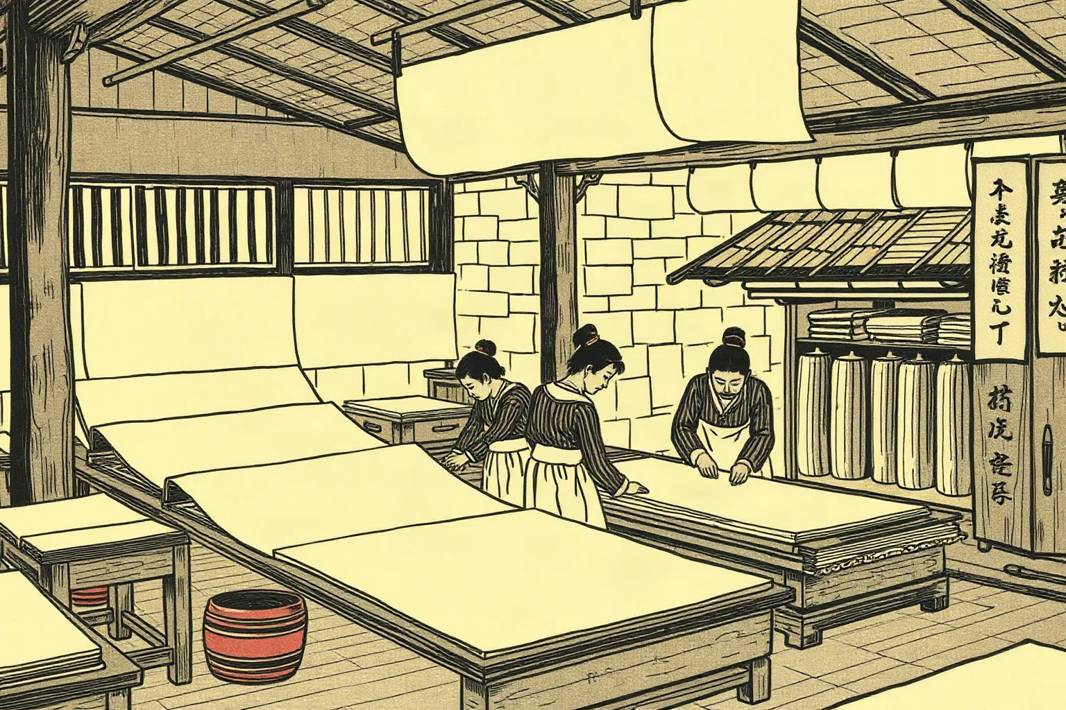 A Tang dynasty Chinese paper workshop with workers producing sheets of paper by hand, historical illustration