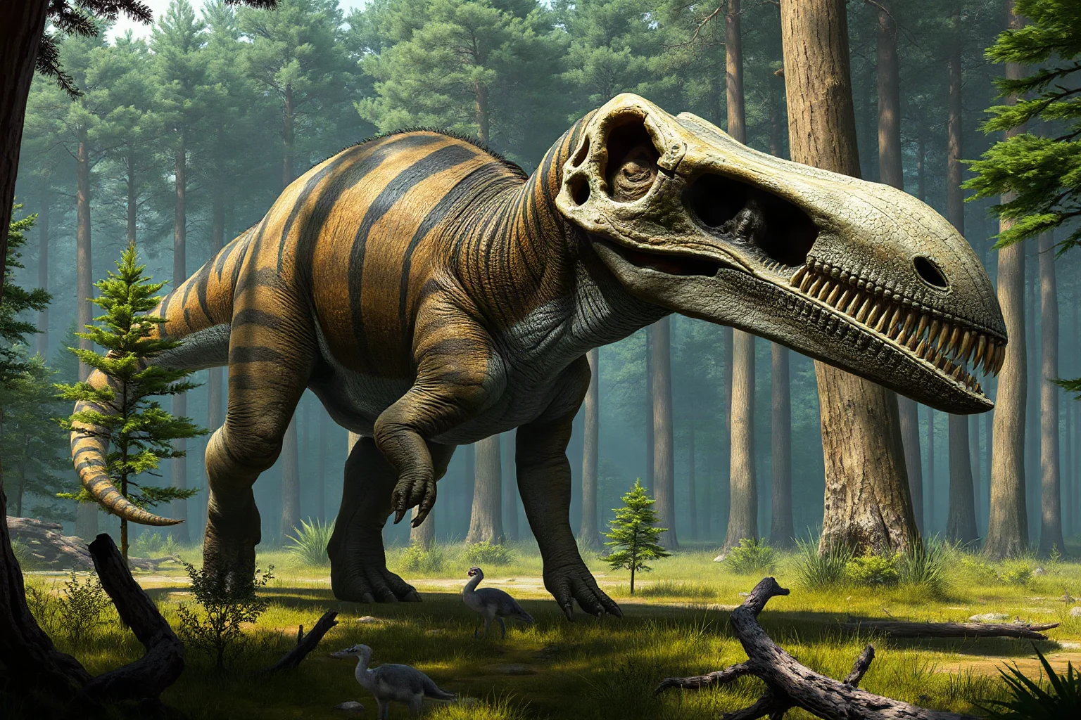 A Tarbosaurus with a massive skull walking through a Mongolian floodplain forest, realistic paleoart style