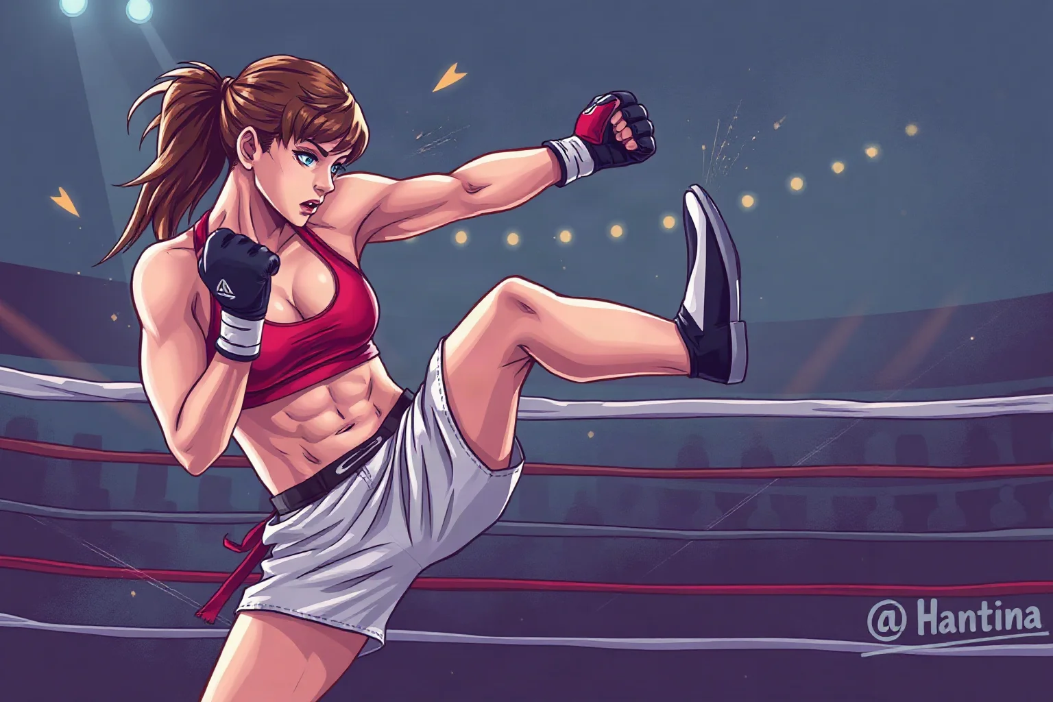 A technical female mixed martial arts fighter executing a kick during a title match, dynamic sports illustration