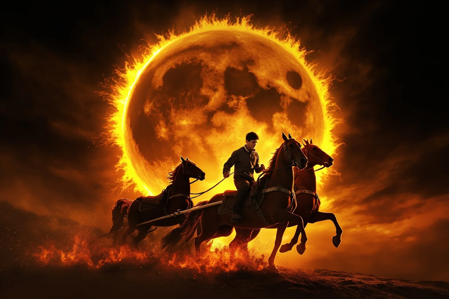 A teenage boy losing control of a golden sun chariot pulled by fiery horses across a blackening sky