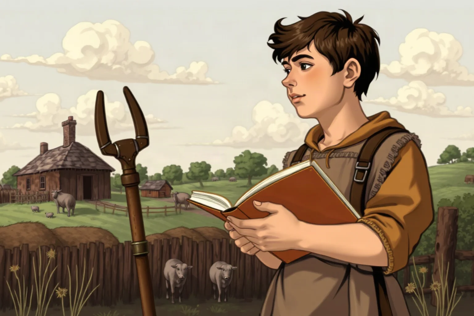 A teenage boy reluctantly holding farm tools while looking longingly at books, English countryside, 17th-century illustration style