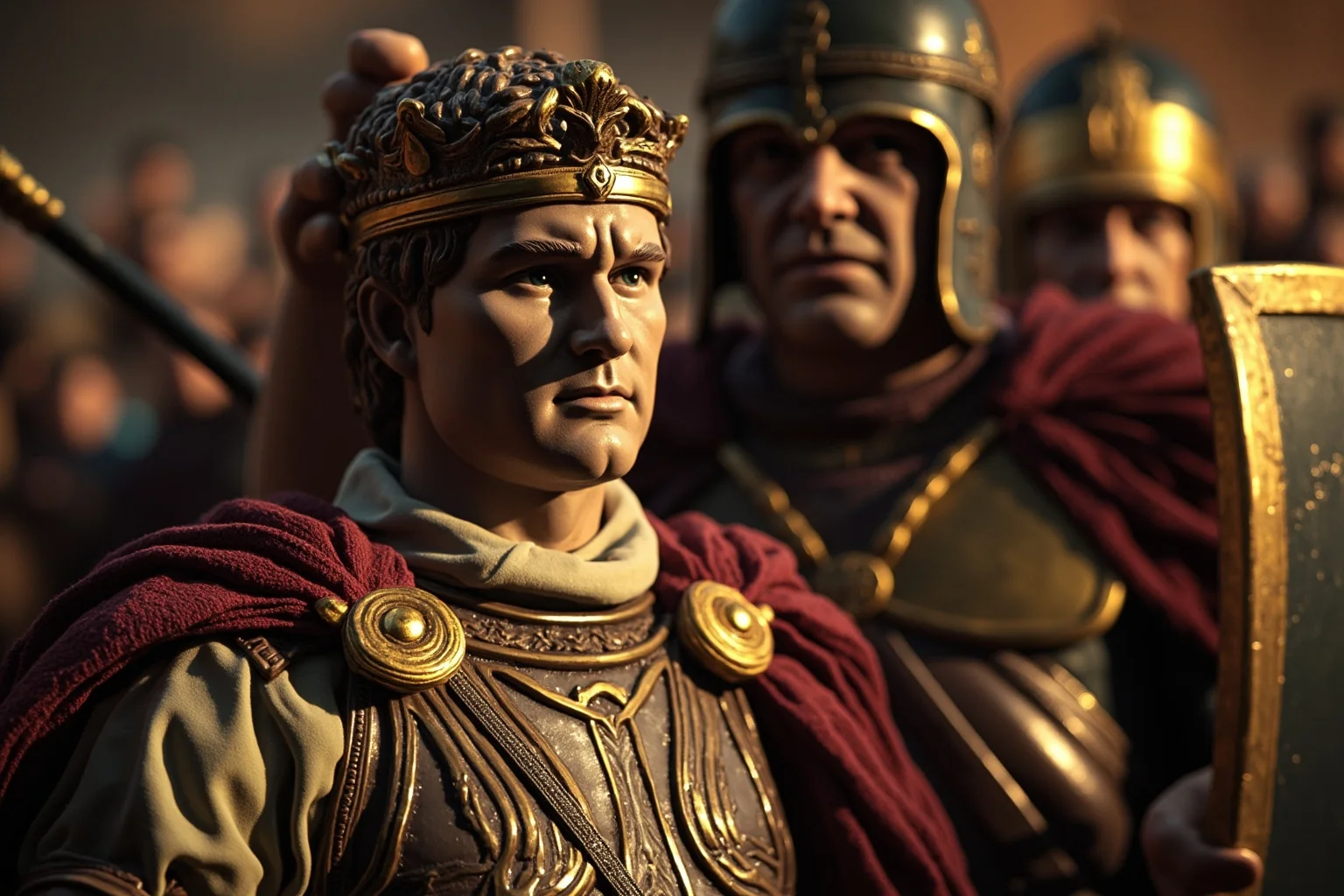 A teenage figurehead emperor in formal dress being deposed by a Germanic general, symbolizing the final fall of the Western Roman Empire in 476 AD