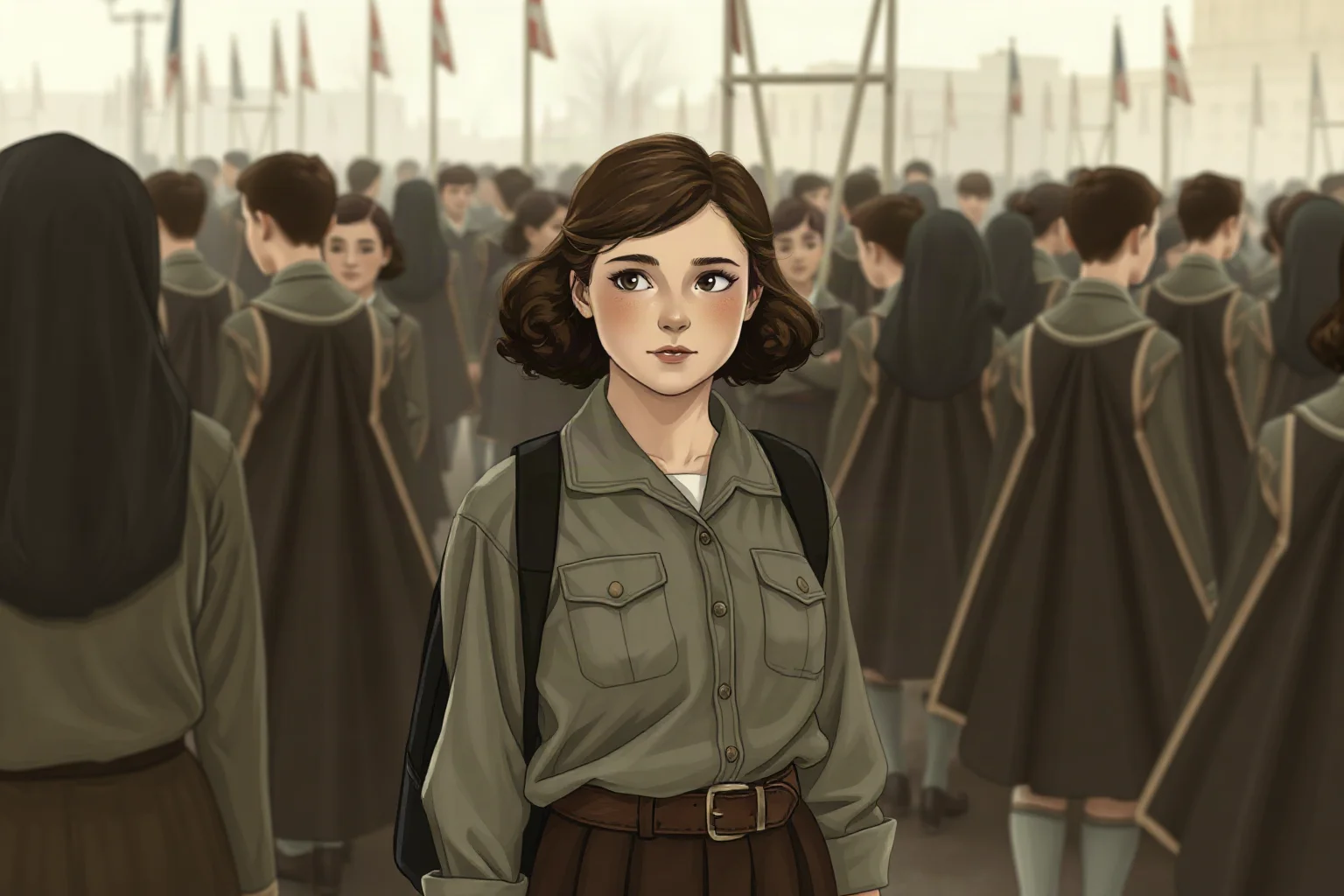 A teenage girl in a 1930s youth group uniform standing in a crowd of similarly dressed youths, muted historical tone illustration