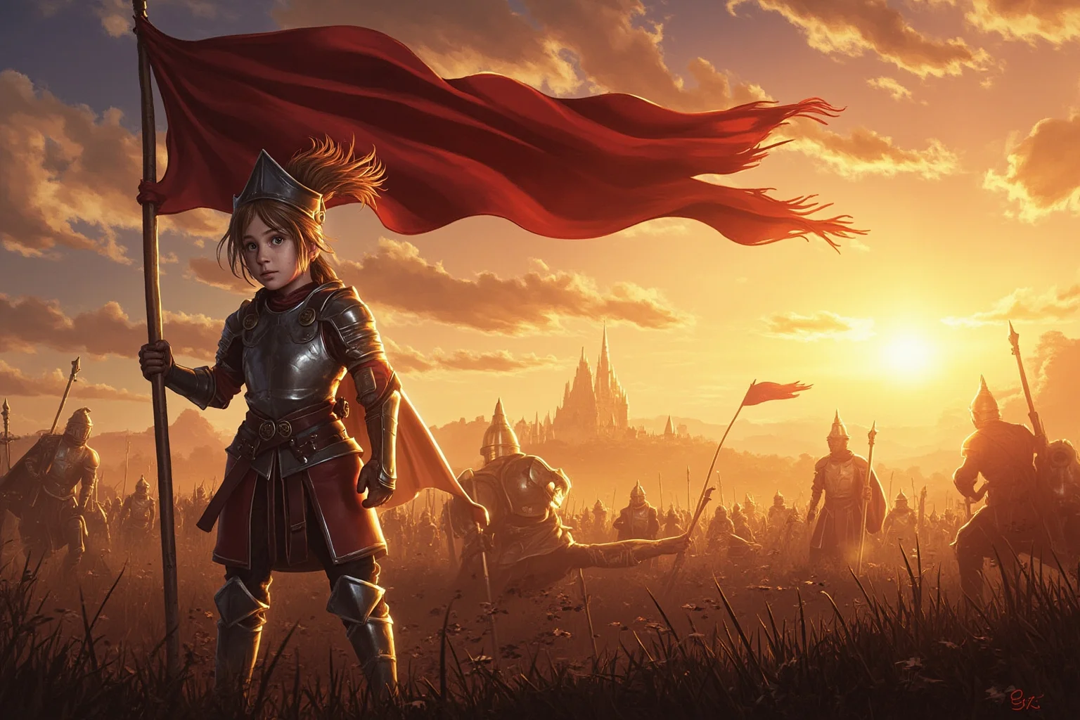 A teenage girl in medieval armor holding a banner on a battlefield at dawn, illustration style