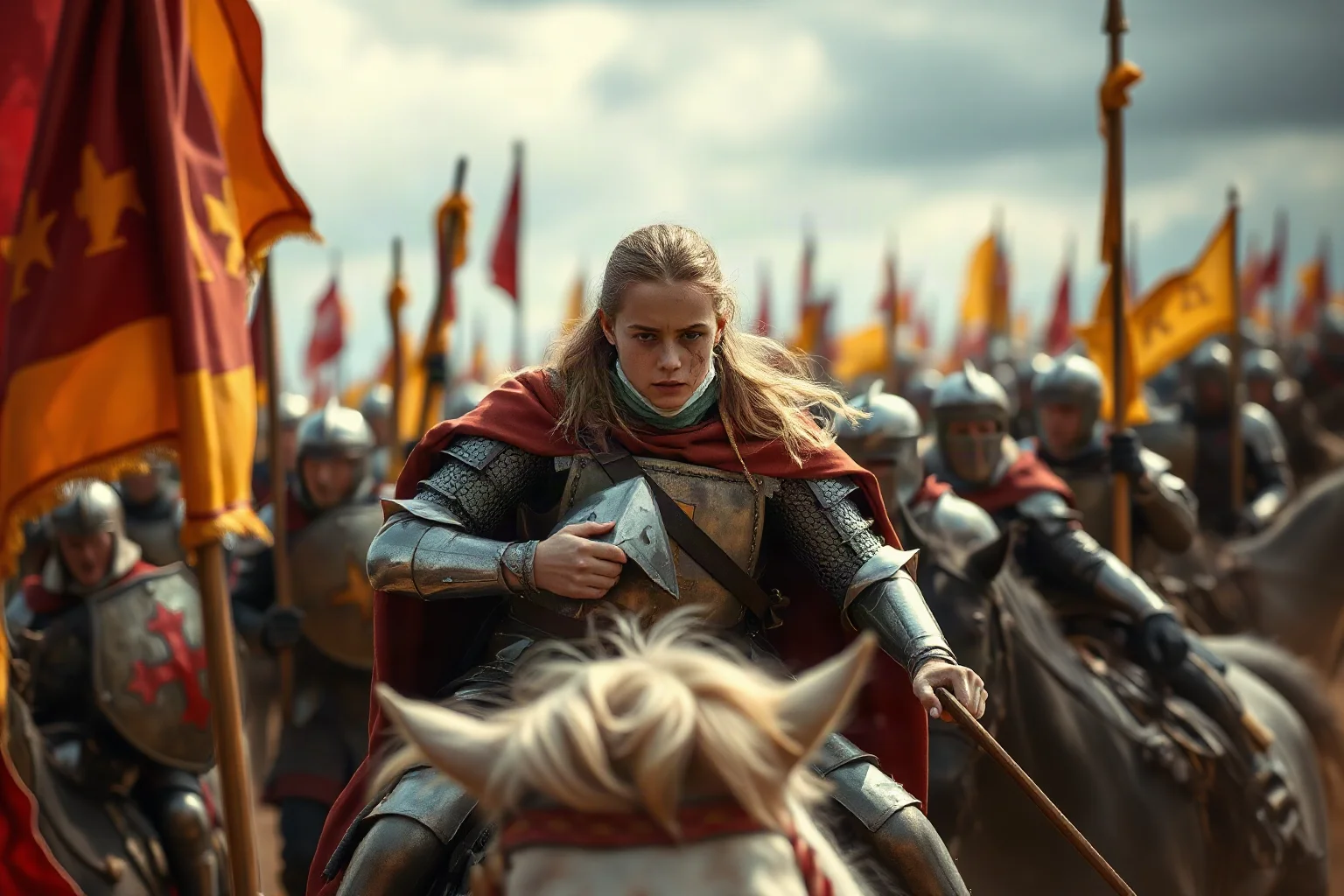 A teenage girl in medieval armor on horseback, wounded but determined, leading troops into battle during the Hundred Years' War