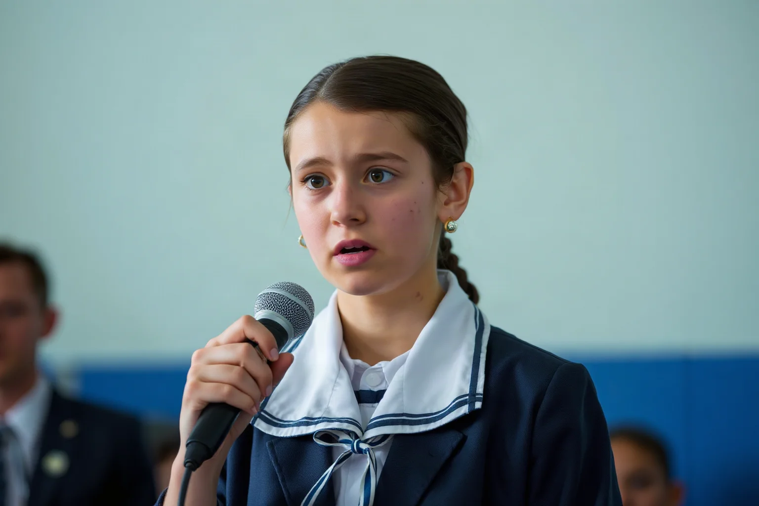 A teenage girl in school uniform speaking into a microphone, determined despite visible scars