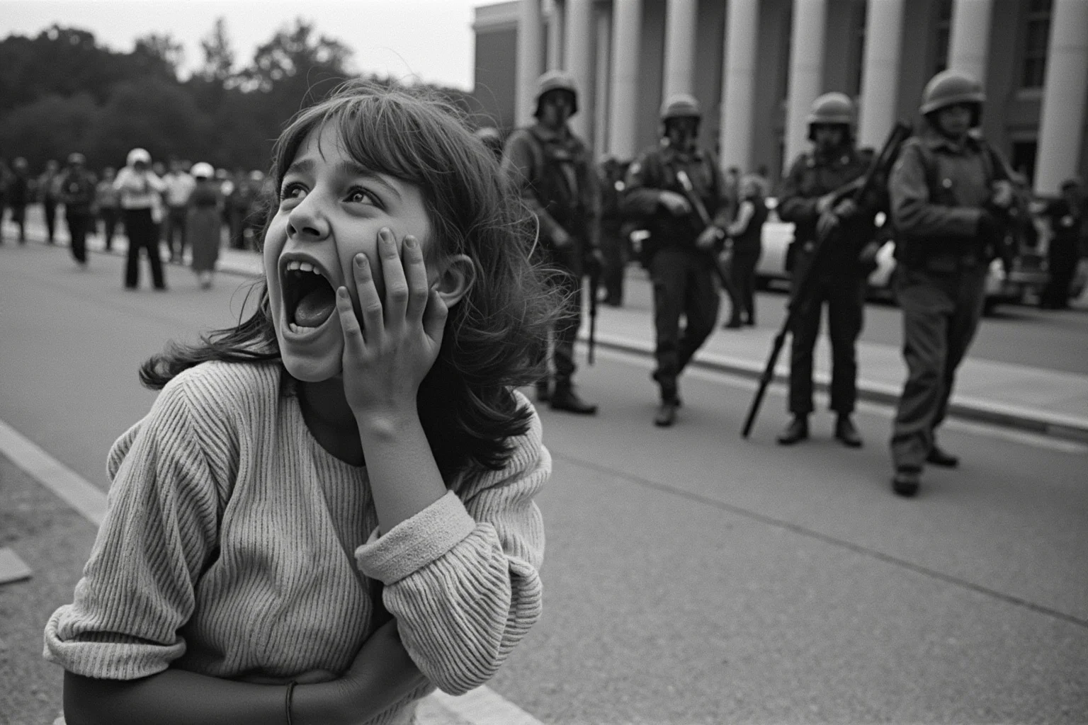 A teenage girl screaming in anguish over a body during a campus protest with National Guard presence, 1970s scene