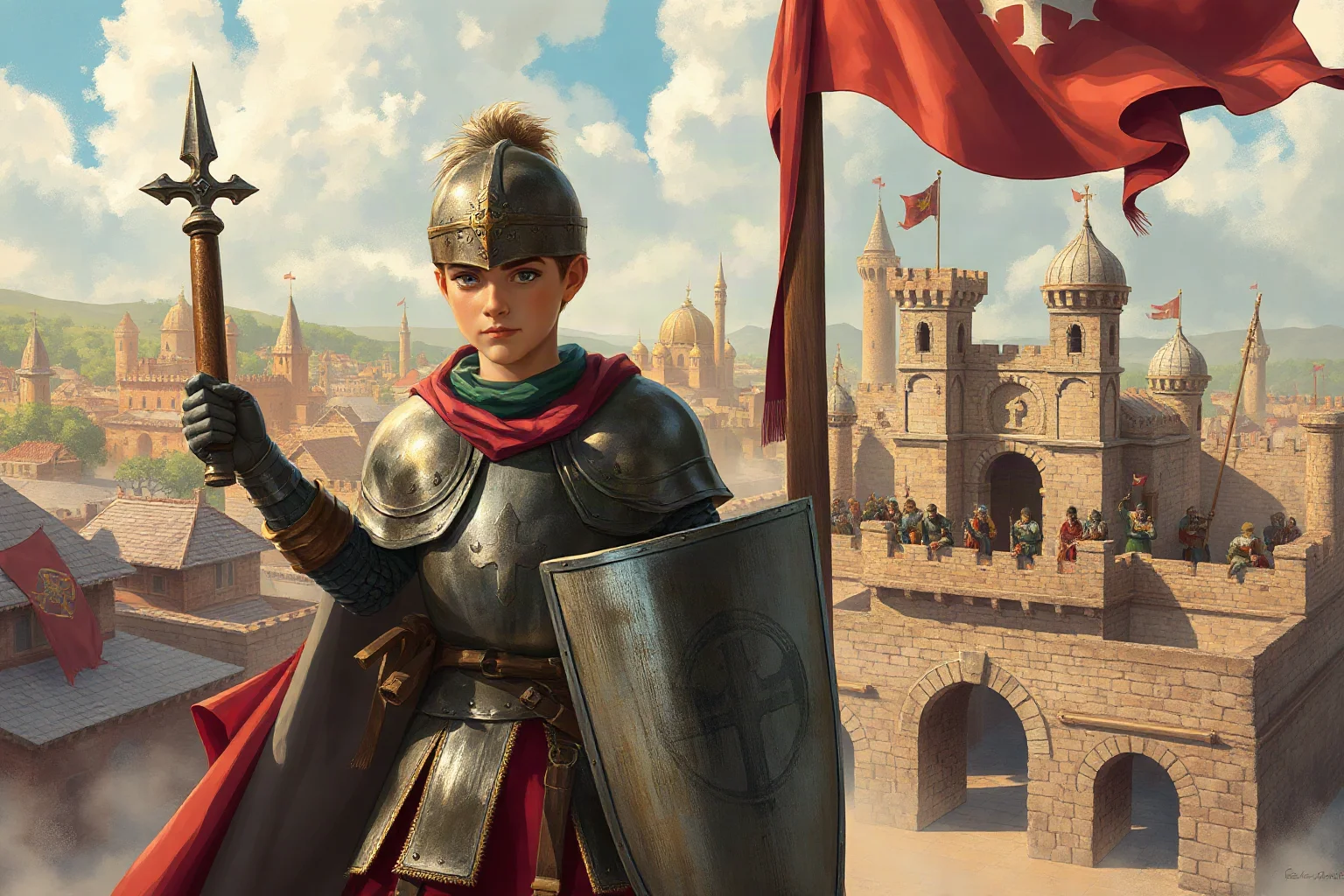 A teenage medieval warrior in plate armor holding a banner amid a besieged medieval city, historical illustration