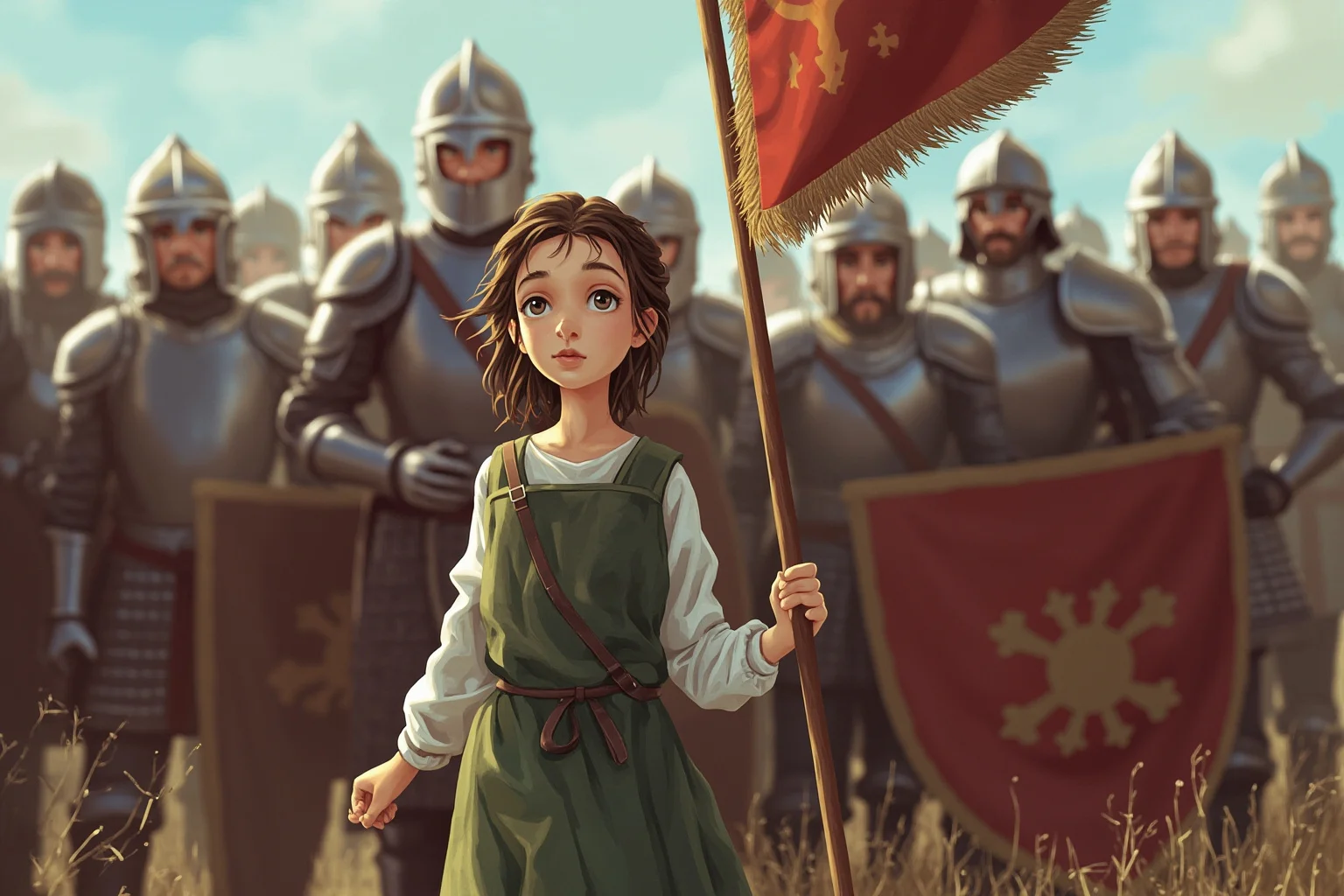 Great Leaders Who Rose From Obscurity 4 A teenage peasant girl in simple medieval clothing standing before a group of armored soldiers, banner in hand, illustration style