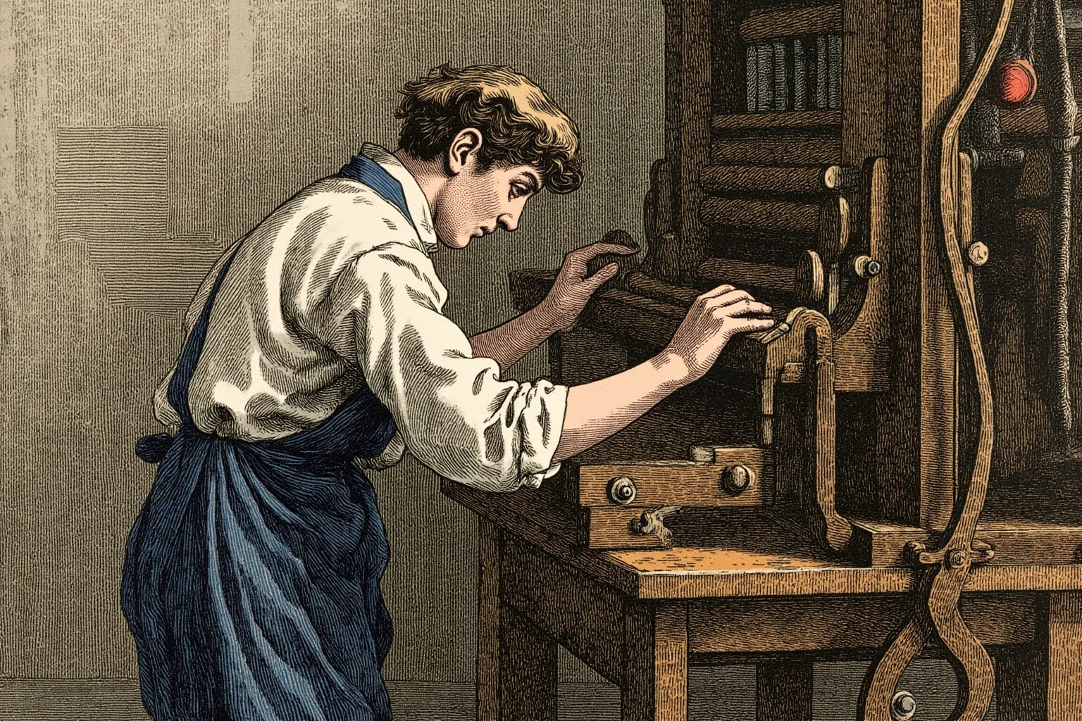 Great Leaders Who Rose From Obscurity 23 A teenage printer's apprentice working a manual press in a colonial American shop, illustration style