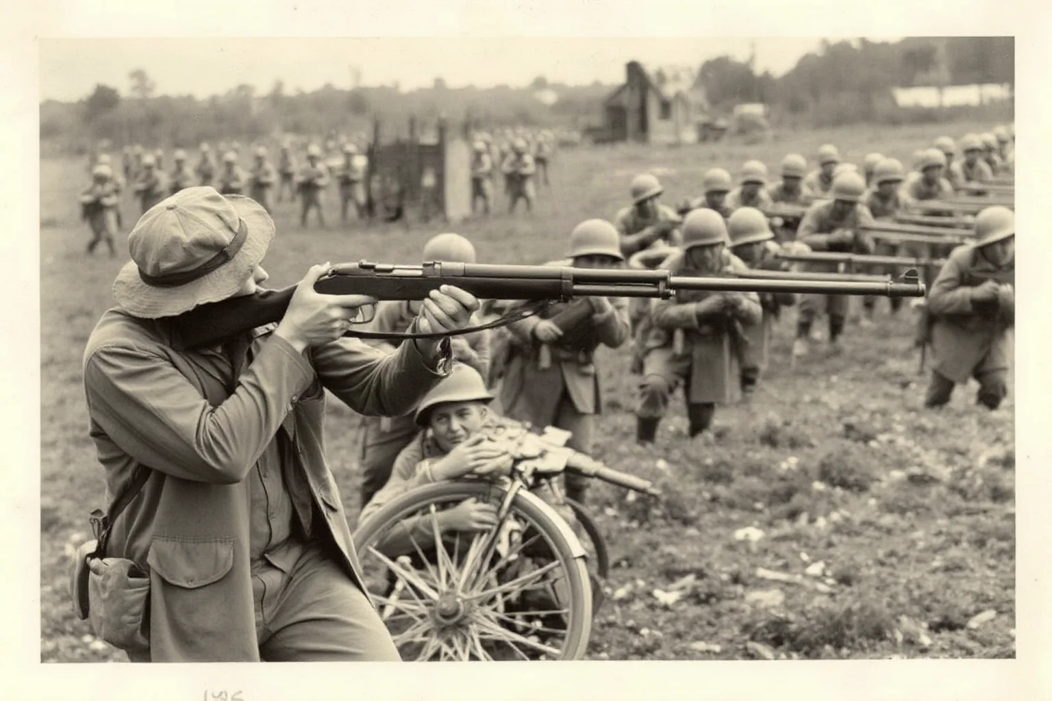A Tennessee farmer turned soldier aiming a rifle during World War I, with captured enemy soldiers visible in the background