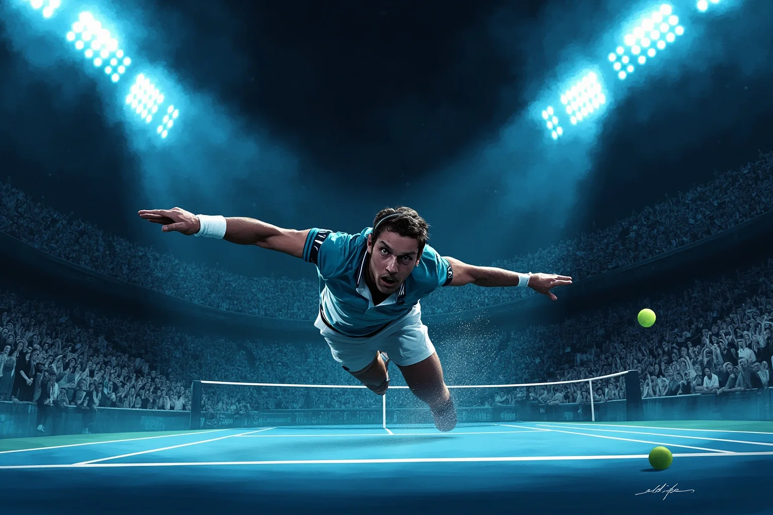A tennis player diving for a shot in a packed stadium under lights, fifth-set intensity, dramatic sports illustration style
