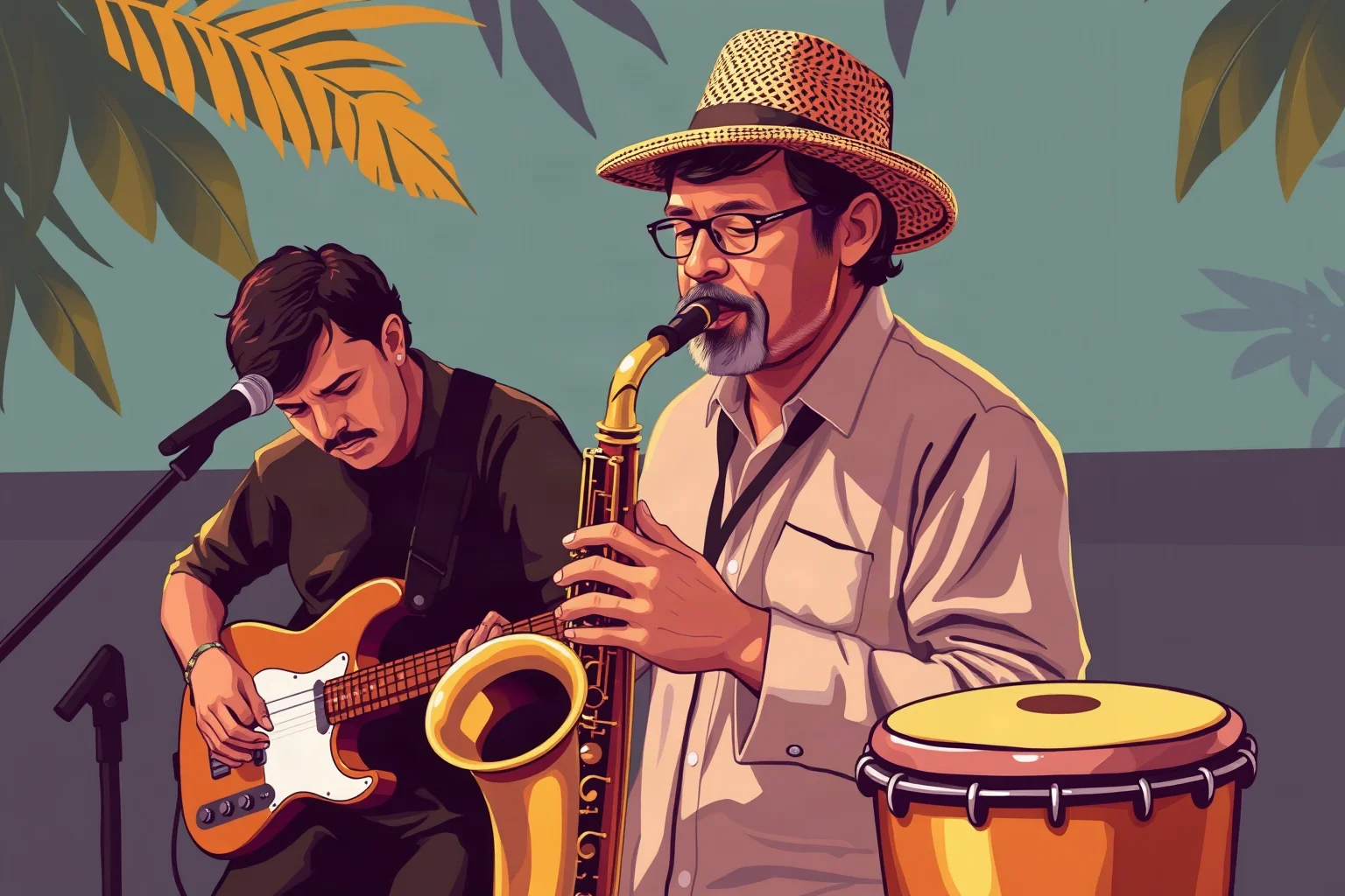 A tenor saxophonist playing smoothly alongside Brazilian guitar and percussion, warm tropical illustration style