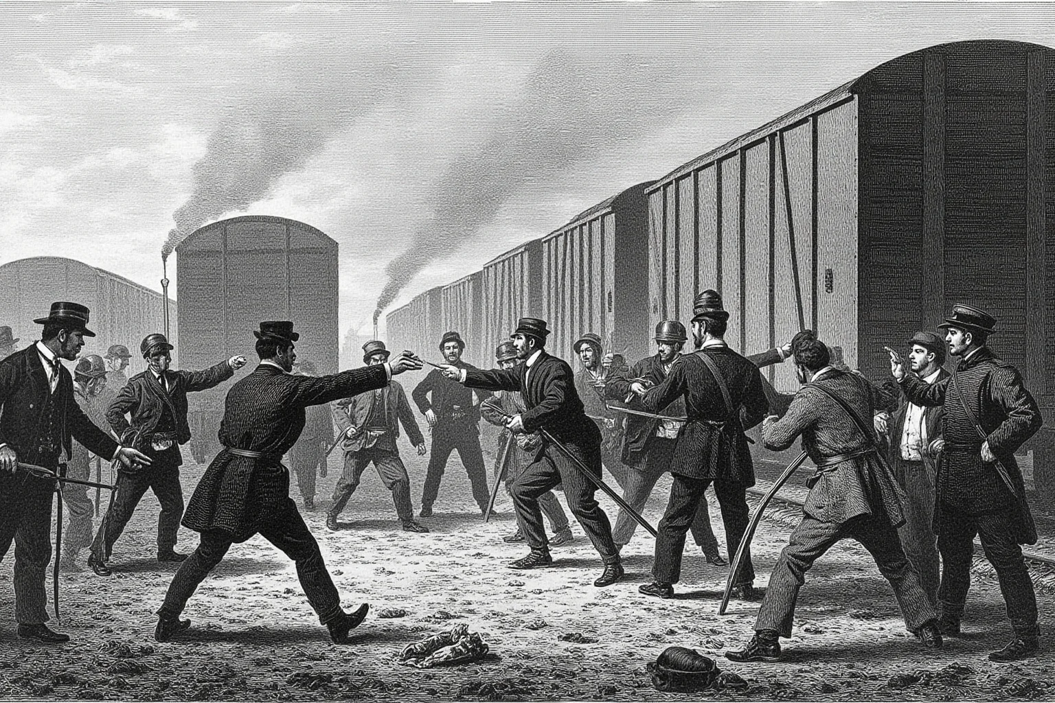 Legendary Cases Involving the Pinkerton Detective Agency 9 A tense 1877 railway yard strike scene with workers and guards facing off near freight cars