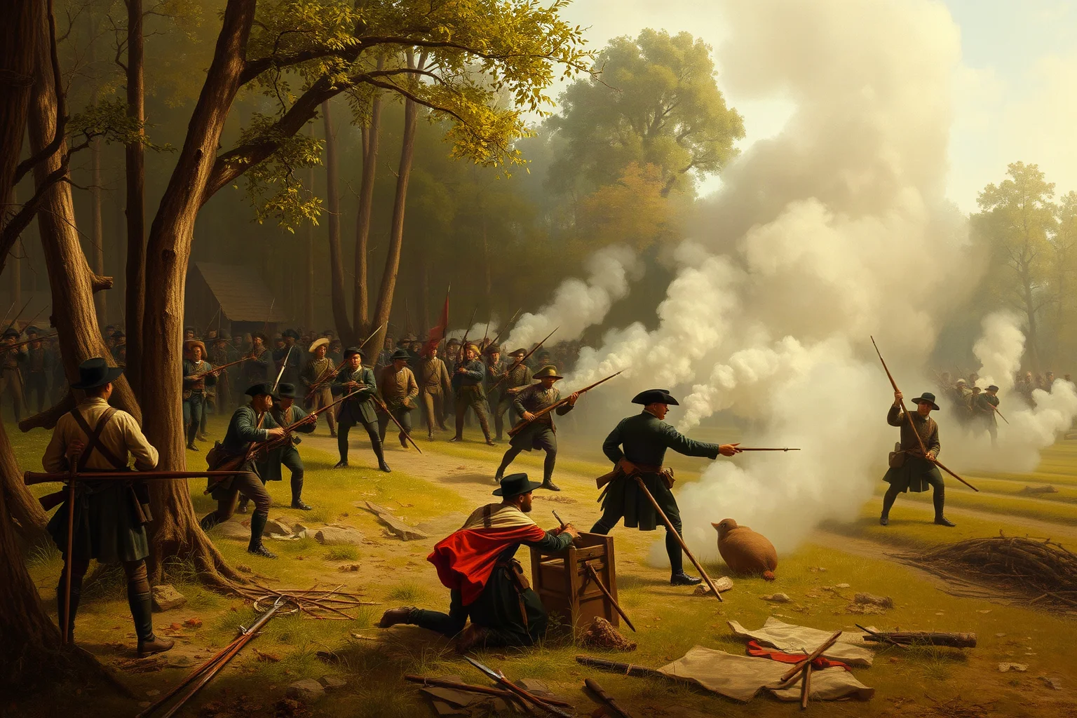 A tense 18th-century battlefield scene with soldiers and smoke in a colonial frontier forest, historical painting style