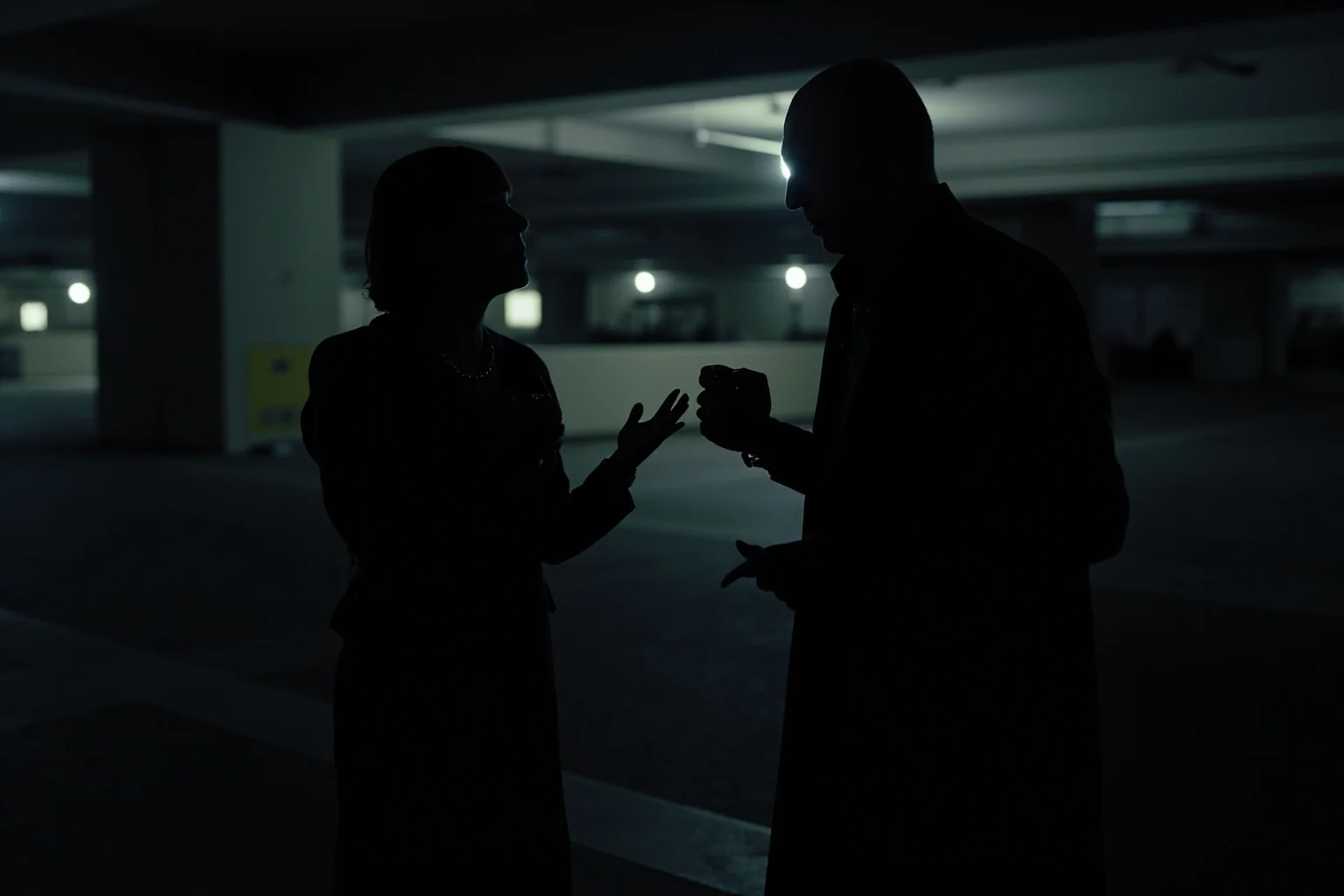 A tense CIA officer's silhouette meeting a contact on a dark Washington D.C. parking garage level