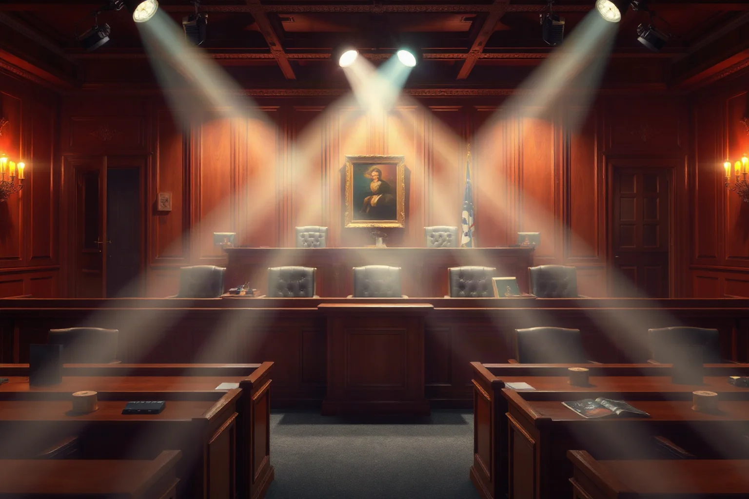 A tense courtroom or government chamber scene with dramatic lighting, symbolizing political conflict and exposure