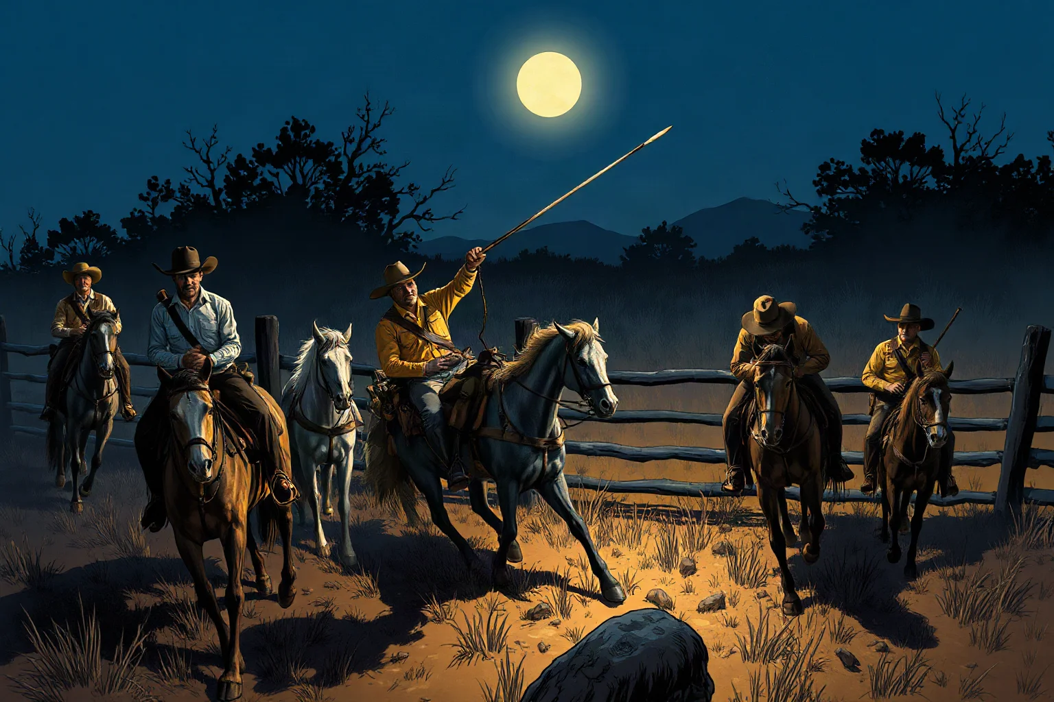 A tense illustration of a lawman on horseback being confronted by other riders near a corral fence at night