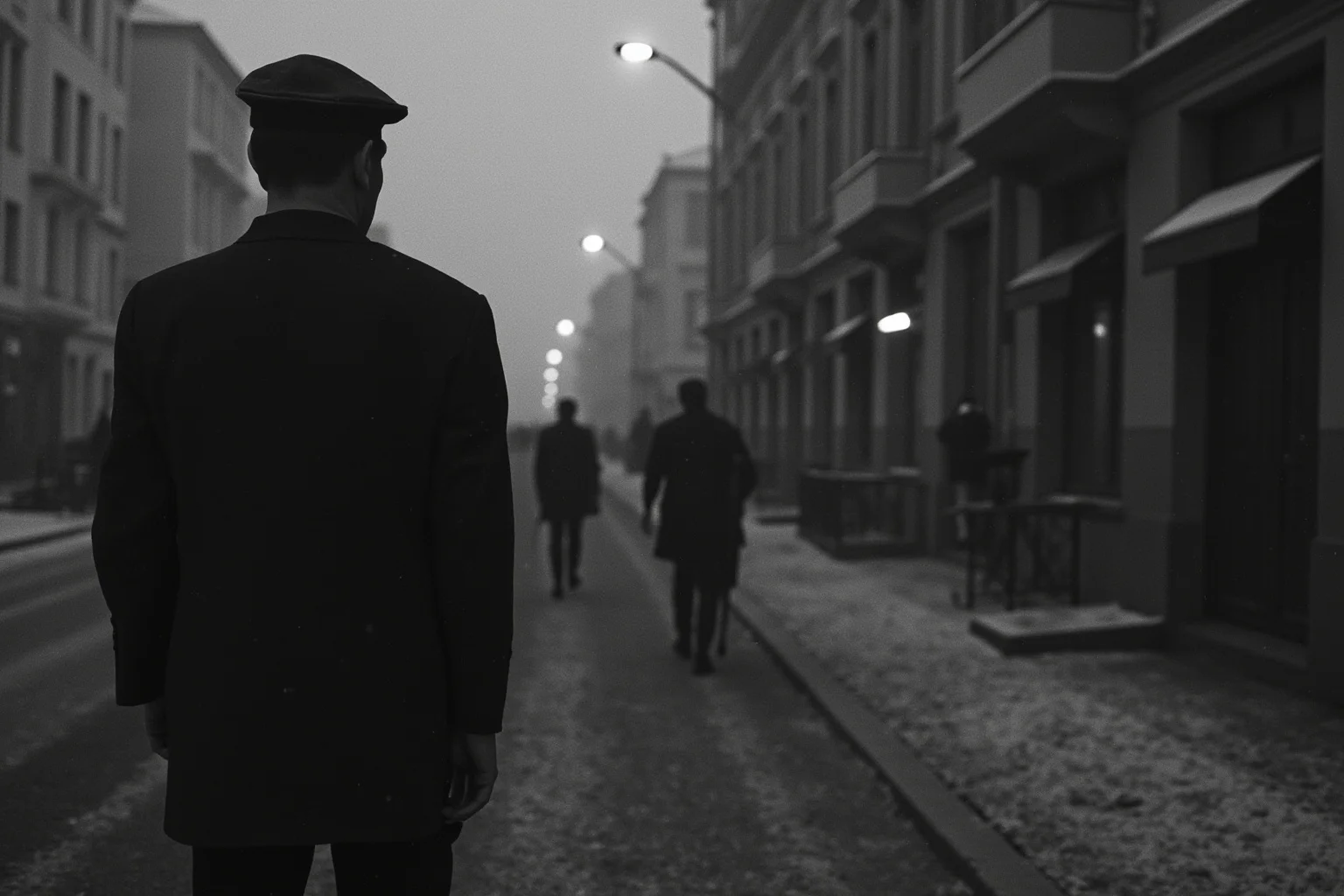 A tense KGB colonel silhouette walking through a snowy Moscow street, glancing over his shoulder