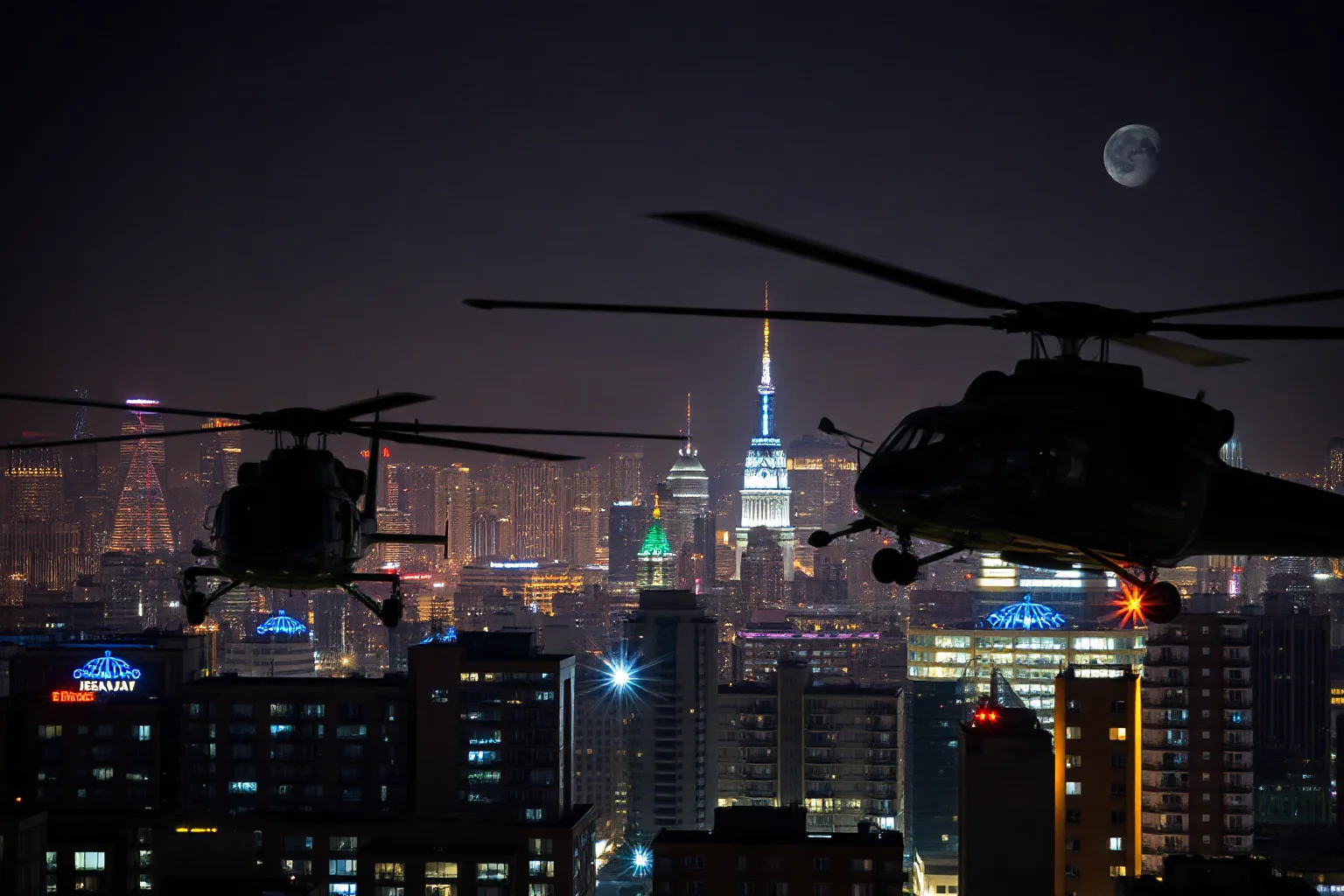 A tense military-style search operation with helicopters and radio equipment over a city skyline at night