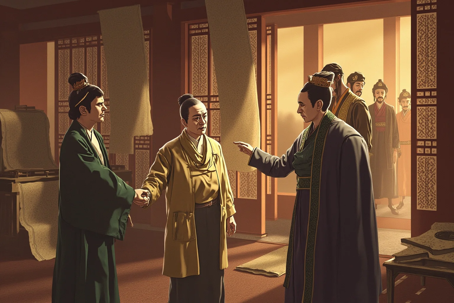 A tense negotiation scene inside a Qing dynasty official's hall with scrolls and formal attire, non-photorealistic illustration style