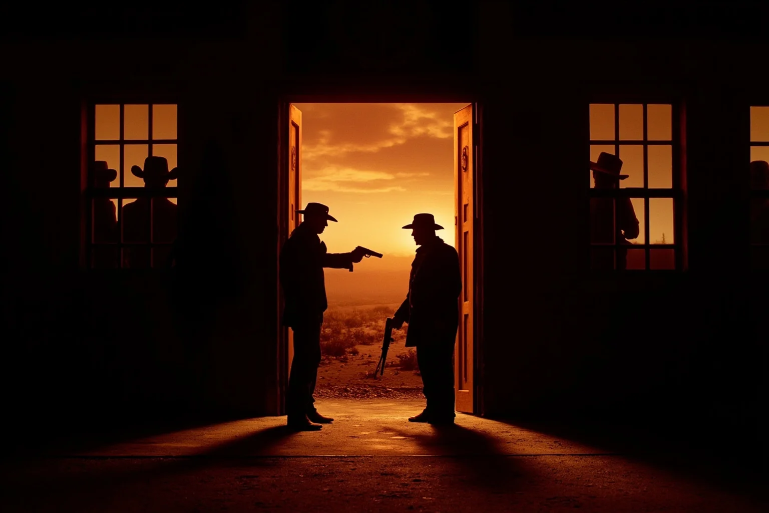 Hilarious Slang Terms From The Wild West 6 A tense saloon doorway at dusk with two silhouetted figures facing off, dramatic western movie poster style lighting