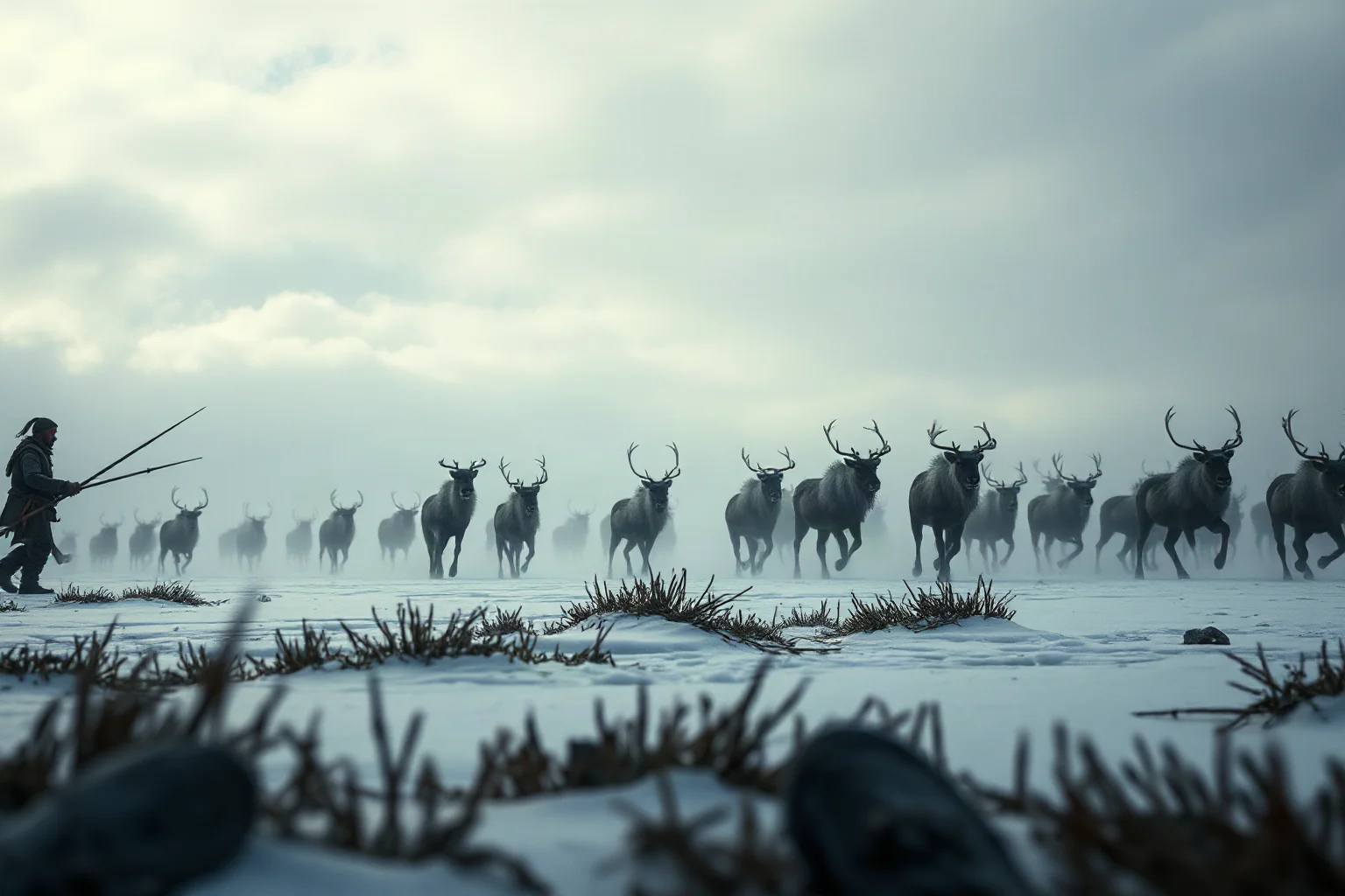 A tense scene of ice age hunters tracking a herd of reindeer across frozen tundra