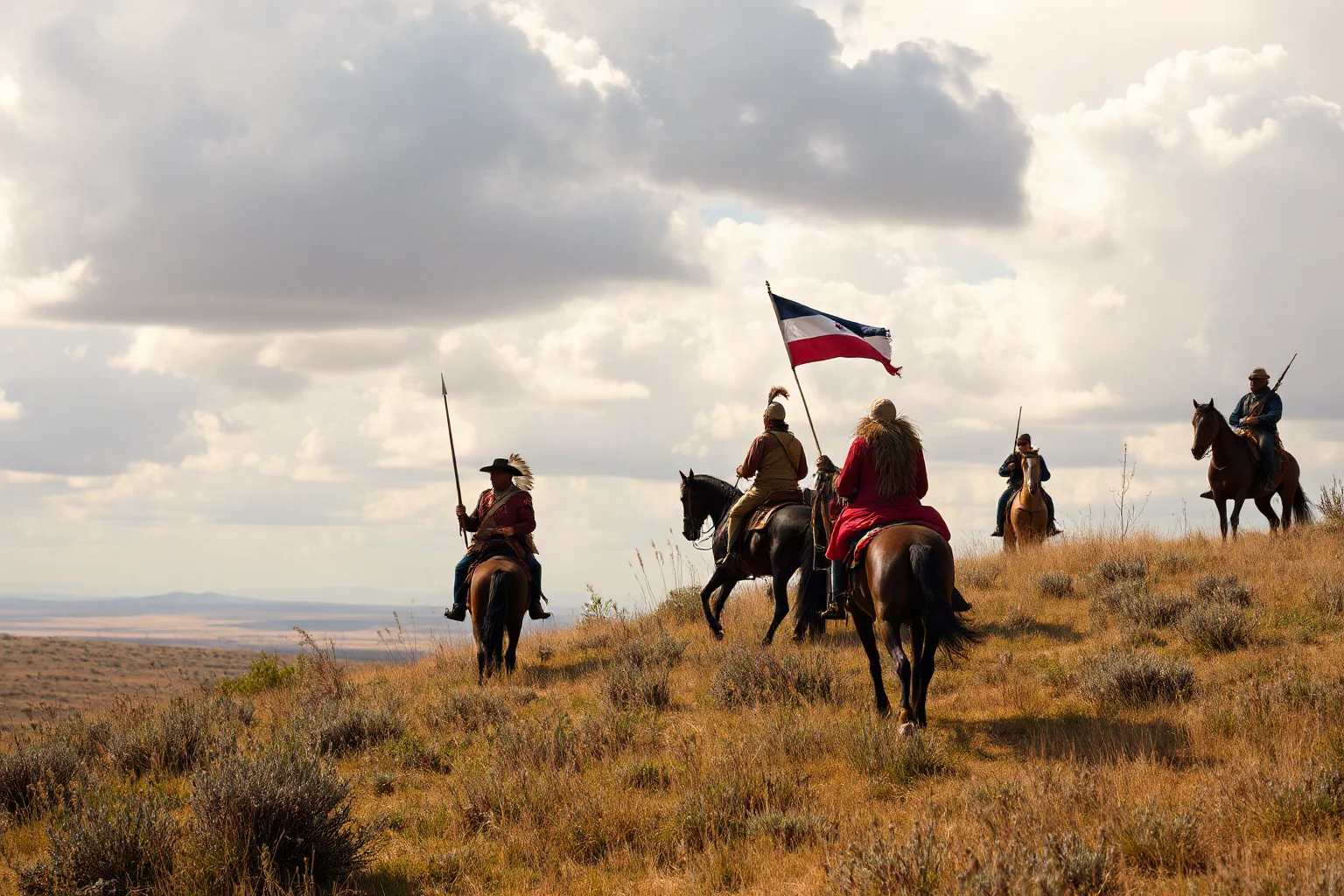 A tense standoff between Native American warriors on horseback and cavalry soldiers on a plains ridge