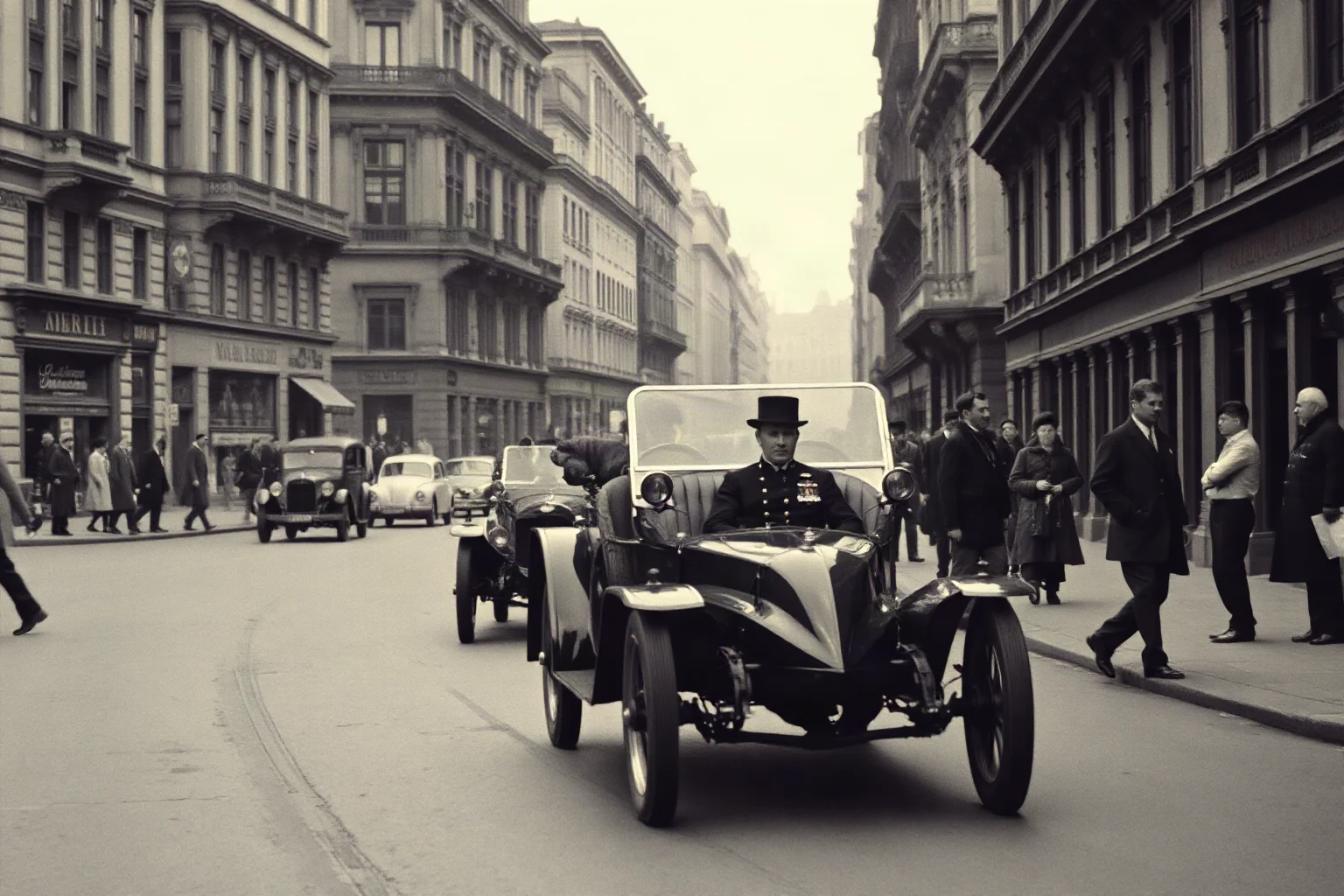 A tense street scene in an early 20th-century European city with a passing royal motorcade