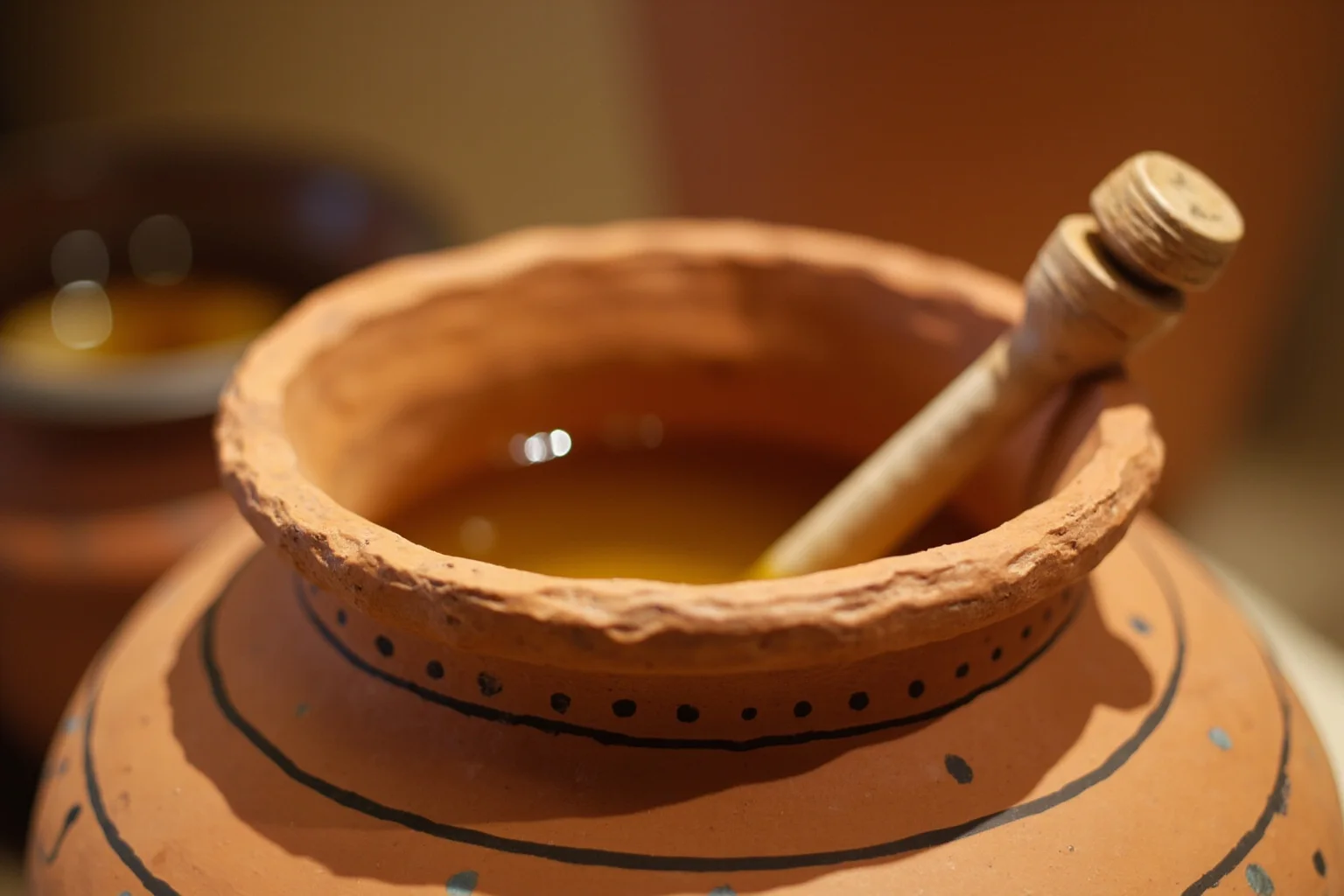 Ancient Greek Diet: 20 Foods Ancient Greeks Ate on a Daily Basis 12 A terracotta jar of honey with a wooden dipper, ancient Greek kitchen still life
