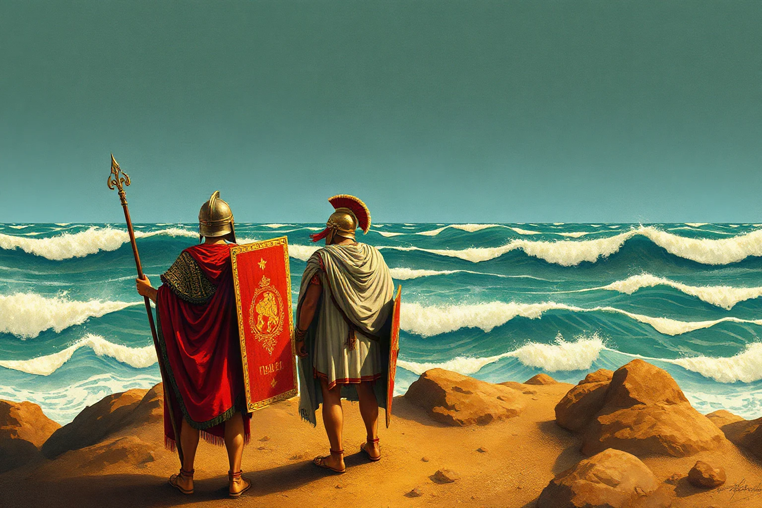 A theatrical ancient Roman fresco-style illustration of soldiers standing on a shoreline facing the ocean waves