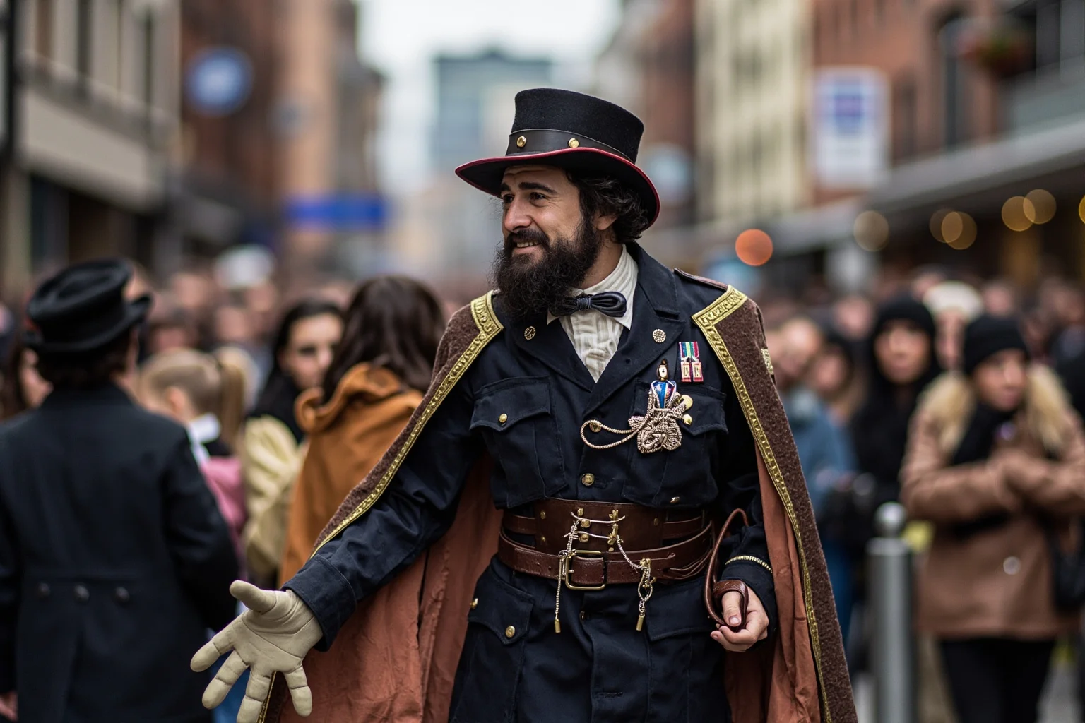 A theatrical Victorian-era man in a self-made military-style uniform and cape greeting a crowd on a city street